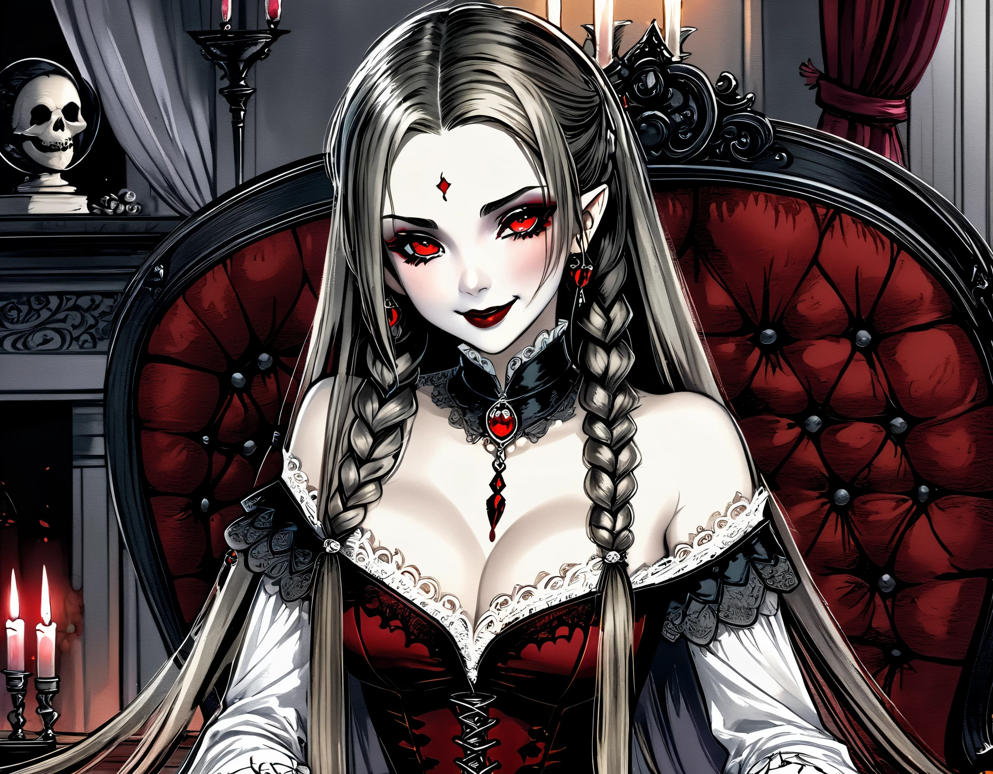 (Pencil sketch :1.2), (Ultra HD, realistic, Intricate, Masterpiece :1.2), a vampire princess dressed in luxurious silk with tall male slaves, ubiquitous bat decorations, hair that covers half of her cheeks, nifty long braids, smiling lips with bloodstained eyes, a deep red stare, a family badge, a cozy fireplace glow, Romantic charm mixed with Gothic mystery