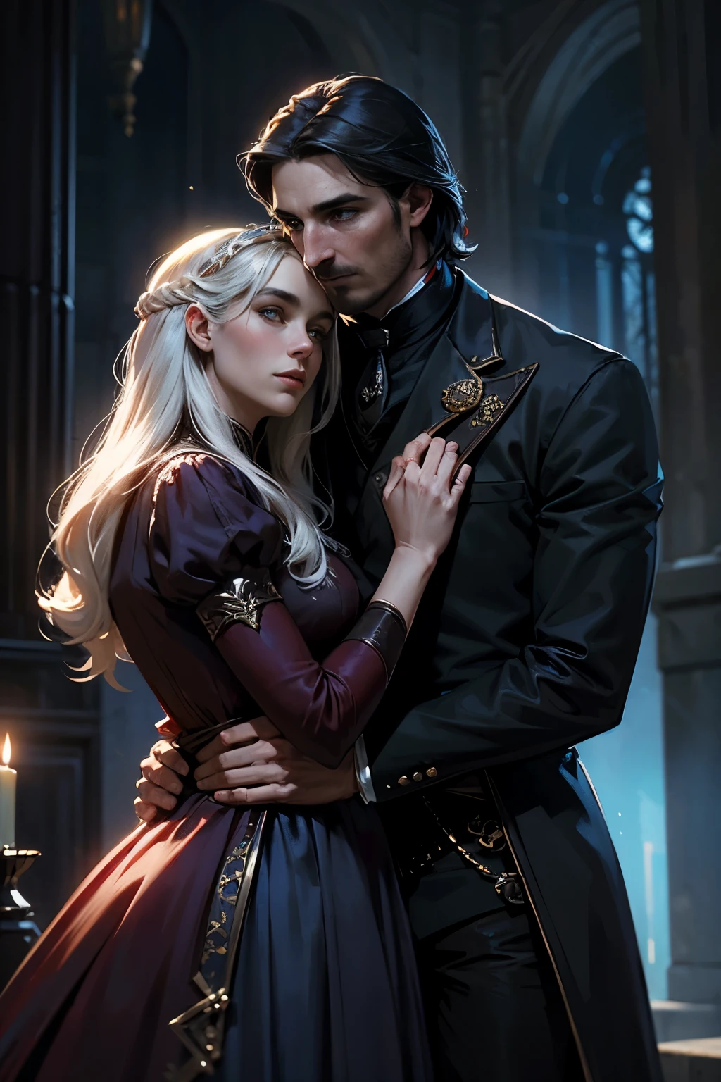 photo of a vampire elf in her castle and her pet wolf, Exquisite beautiful female vampire elf (ultra detailed, masterpiece, best quality), full body, ultra detailed face (ultra detailed, masterpiece, best quality), gray skin, blonde hair, ponytail hair, long hair, blue eyes, Cold eyes, luminous eyes, powerful, eyes small pointed ears, smirks, smile with drops of blood on his face (ultra detailed, masterpiece, best quality), dark red lips, [Vampire fangs], in a white dress (ultra detailed, masterpiece, best quality), dark blue raincoat, High-heeled boots in the dark fantasy library, with a big gray wolf (masterpiece, best quality) Bookshelves, high details, best quality, 8K, [ultra detailed], masterpiece, best quality, (ultra detailed), Full body, Ultra wide angle shot, Photorealism, raw, Dark fantasy art, Moonlight coming through the window,, Moonbeams, Gothic art, hd