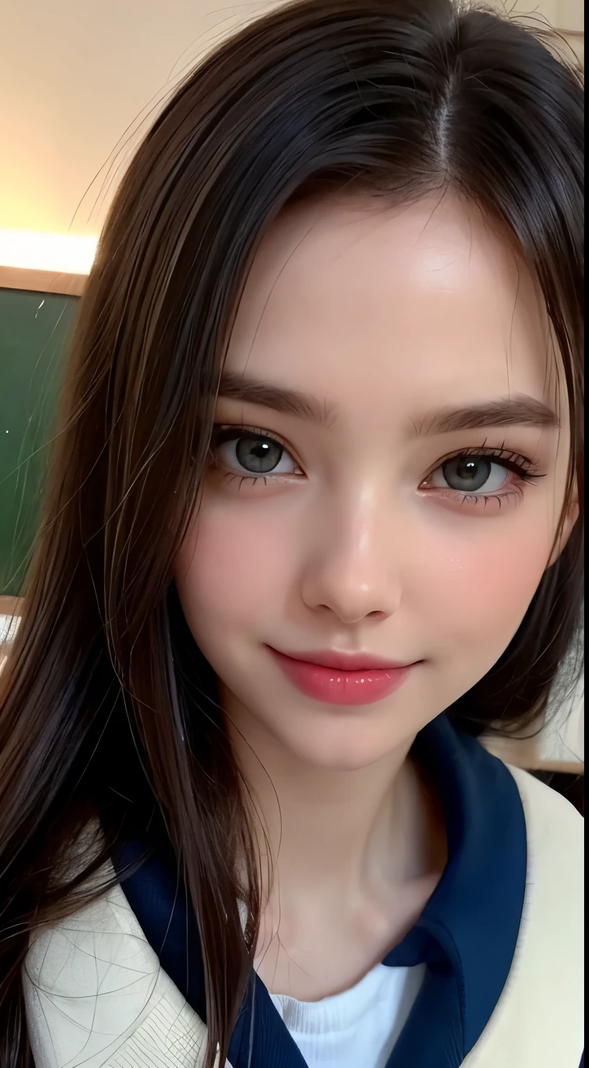 1girl in, Extremely cute, Amazing face and eyes, (Beautiful lovely smile), (extremely detailed beautiful face), bright and shiny lips, Keep staring at me, Super beautiful, (School uniform:1.3), (Best Quality:1.4), (hyper quality), (Ultra-detailed), (Hyper-realistic, Photorealsitic:1.37), Authentic skin texture, Highly detailed CG integrated 8k wallpapers, RAW Photos, professional photograpy, Cinematic lighting,