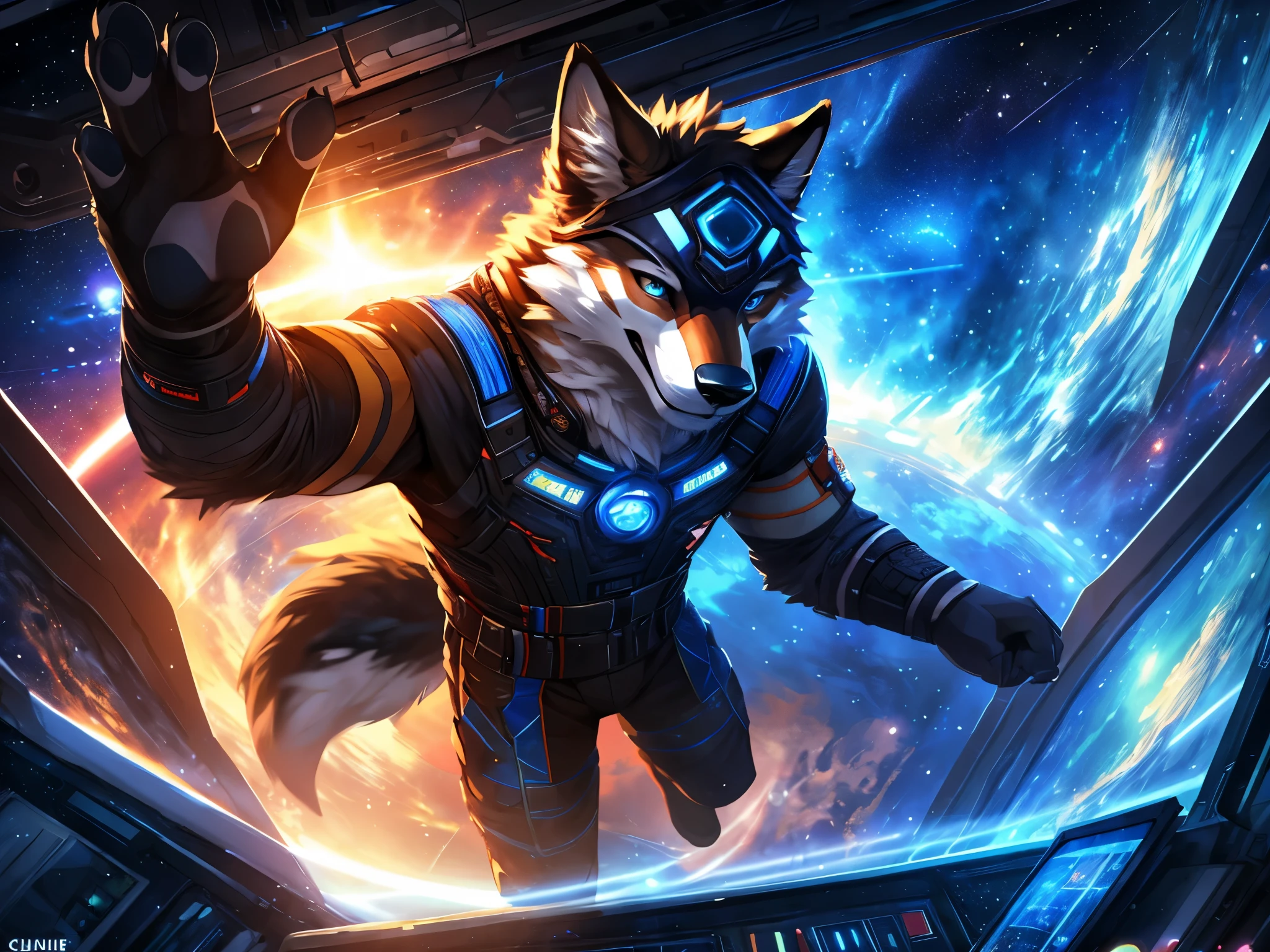 posted on e621, (by Chunie), male, Wolf anthro, solo, (Realistic eye details 1.2), anime character, arafed image of a man in a space station with a mask, pov furry art, anthro paw pov art, furry paw pov art, commission for high res, furry art!!!, very very beautiful furry art, furry art, on a space station, in a space station, fursona furry art commission, detailed fanart, fursona art, furry fantasy art, slim body, full body like, muscular, in a panoramic view, masterpiece, Abstract beauty, ultra detailed face, depth of field, motion blur, high details, high quality, award winning, HD, 16k, (best quality,4k,8k,highres,masterpiece:1.2),ultra-detailed,realistic:1.37,HDR,UHD,studio lighting,extreme detail description,professional,vivid colors,bokeh,lively atmosphere, natural lighting