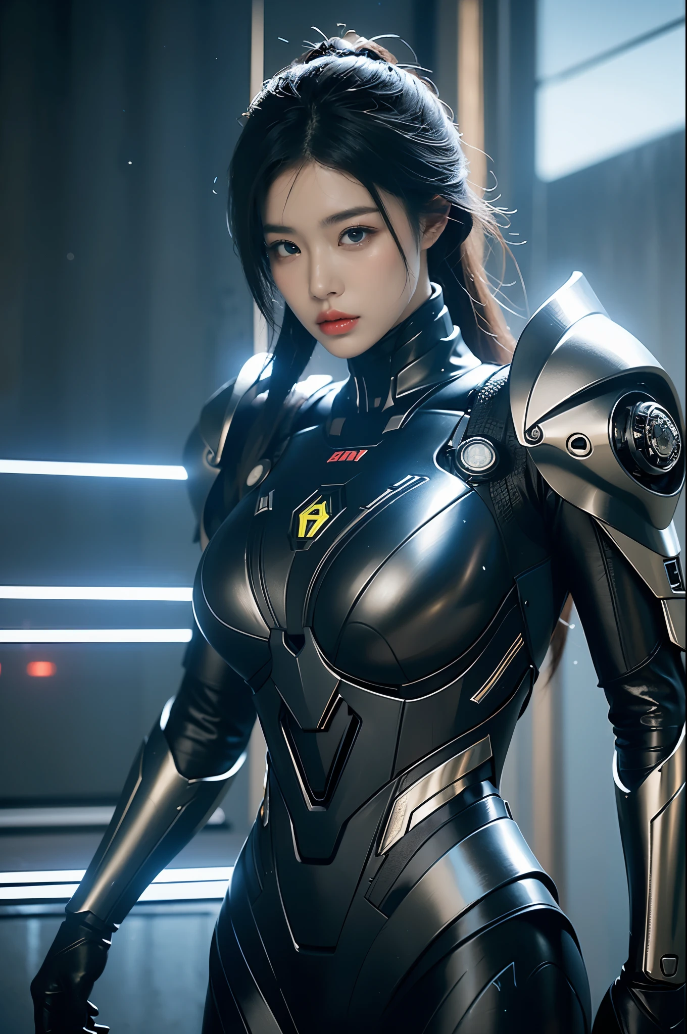 game art，best picture quality，Highest resolution，8k，((A half-length photo))，((portrait))，(rule of thirds)，Unreal Engine 5 rendering works， (Future girl)，(female warrior)， 22-year-old young hacker)，(ancient oriental hairstyle)，(Beautiful eyes full of details)，(big breasts)，(eye shadow)，Elegant and charming，indifferent，((frown))，(A battle suit full of futuristic technology，The costume combines futuristic power armor and，Clothing is decorated with glittering patterns and emblems)，cyberpunk characters，in the style of futuristic， lamp，Ray tracing，Game CG，((3D Unreal Engine))，OC rendering reflection pattern