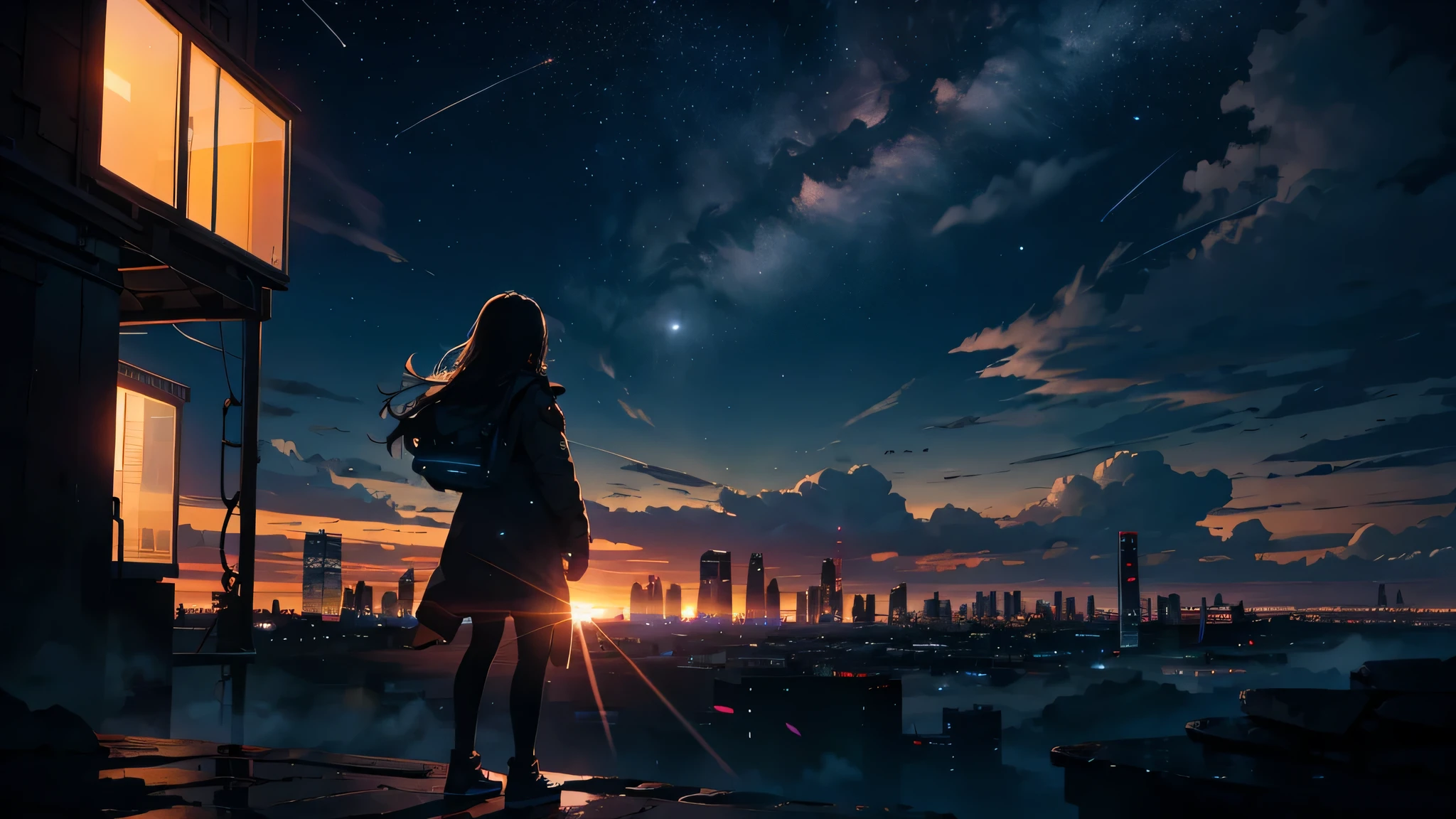 octane rating, null, star (null), scenery, starry null, night, Are crying1adult woman, night null, sunrise、alone, outdoors, building, cloud, milky way,Are standing, long hair, 、city, silhouette, cityscape、