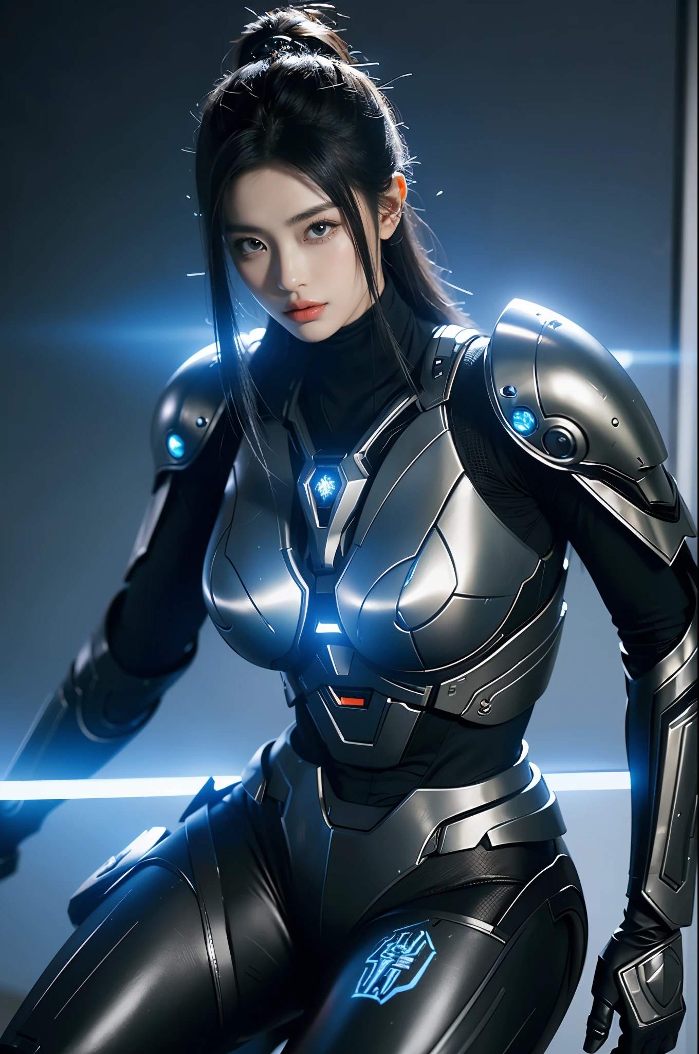 game art，best picture quality，Highest resolution，8k，((A half-length photo))，((portrait))，(rule of thirds)，Unreal Engine 5 rendering works， (Future girl)，(female warrior)， 22-year-old young hacker)，(ancient oriental hairstyle)，(Beautiful eyes full of details)，(big breasts)，(eye shadow)，Elegant and charming，indifferent，((frown))，(A battle suit full of futuristic technology，The costume combines futuristic power armor and，Clothing is decorated with glittering patterns and emblems)，cyberpunk characters，in the style of futuristic， lamp，Ray tracing，Game CG，((3D Unreal Engine))，OC rendering reflection pattern