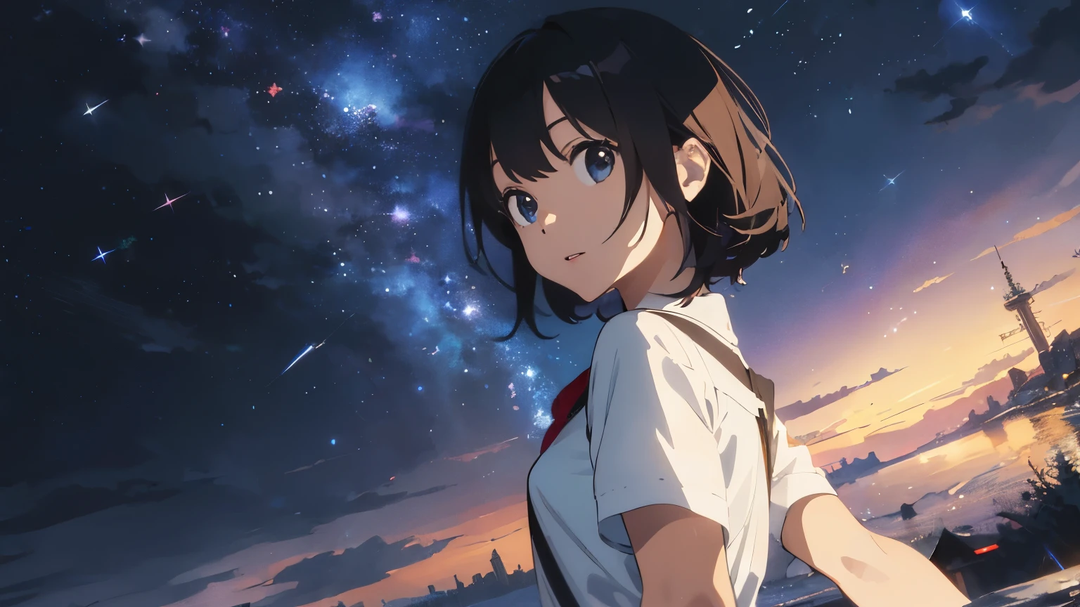 ((highest quality)), ((masterpiece)), (be familiar with), perfect face night sky star Sparkling