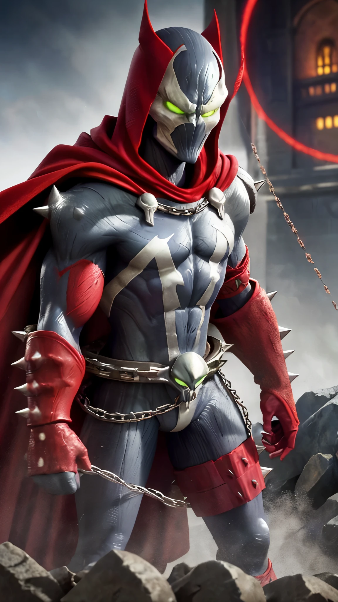 pixar style, closeup, focus on eyes, spawn2023, long red collar, red cowl, red cape, chains, skulls, glowing green eyes, textured suit, red gauntlets, spikes, dramatic lighting, 8k, muscular, uhd, best quality, award winning photo, rtx on, unreal engine 5, absurdres, long cape, large red boot, large gauntlet, flowing cape, asymmetrical red Armor,  mask, night, dramatic lighting, epic red cape, wide shoulders, spike shoulders, silver chain, cgi