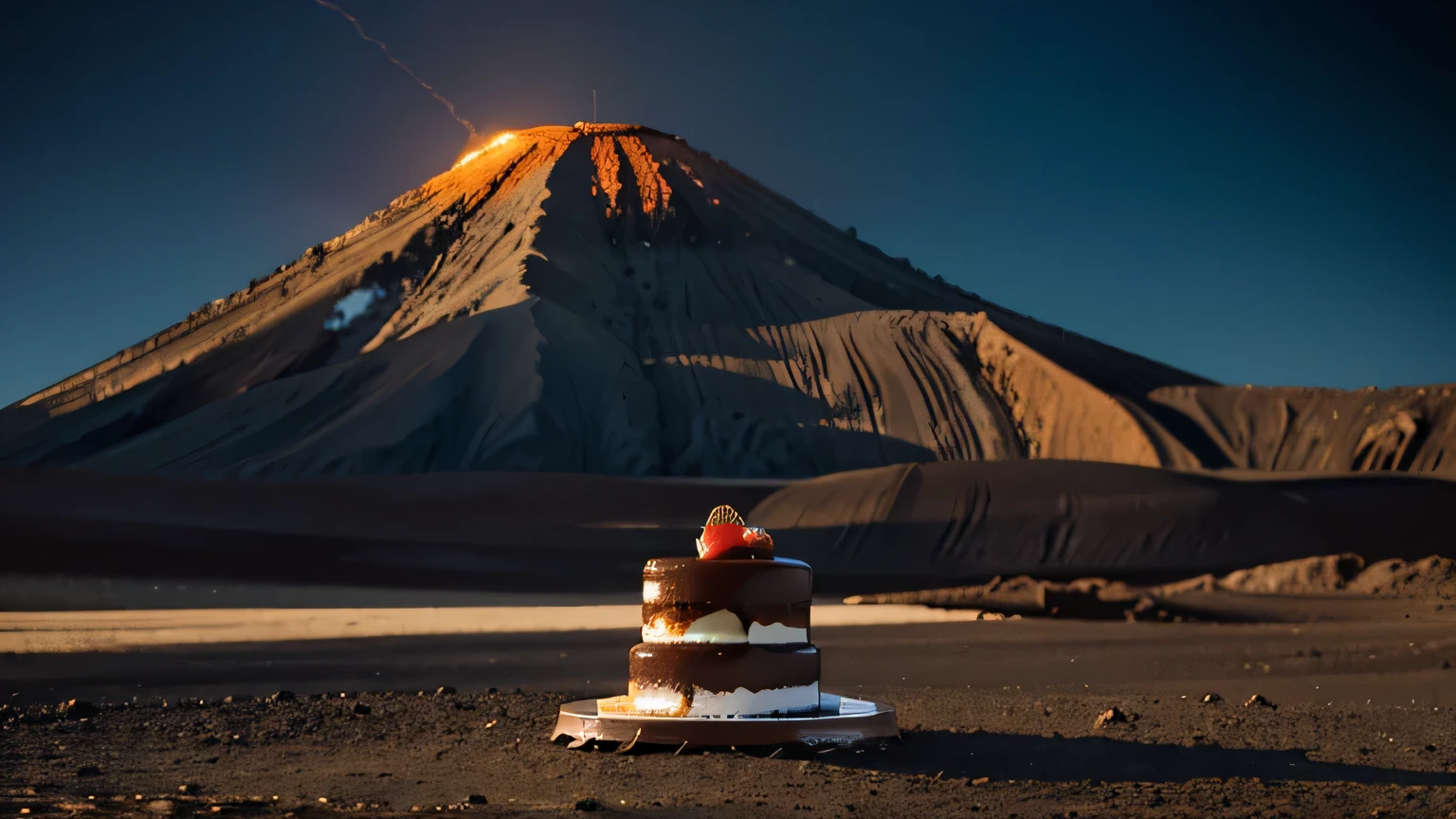 Let your imagination run wild with this prompt. A cake, seemingly alive with its melting chocolate, stands in front of a backdrop of a volcanic landscape. The combination of textures and colors in this image is sure to inspire.