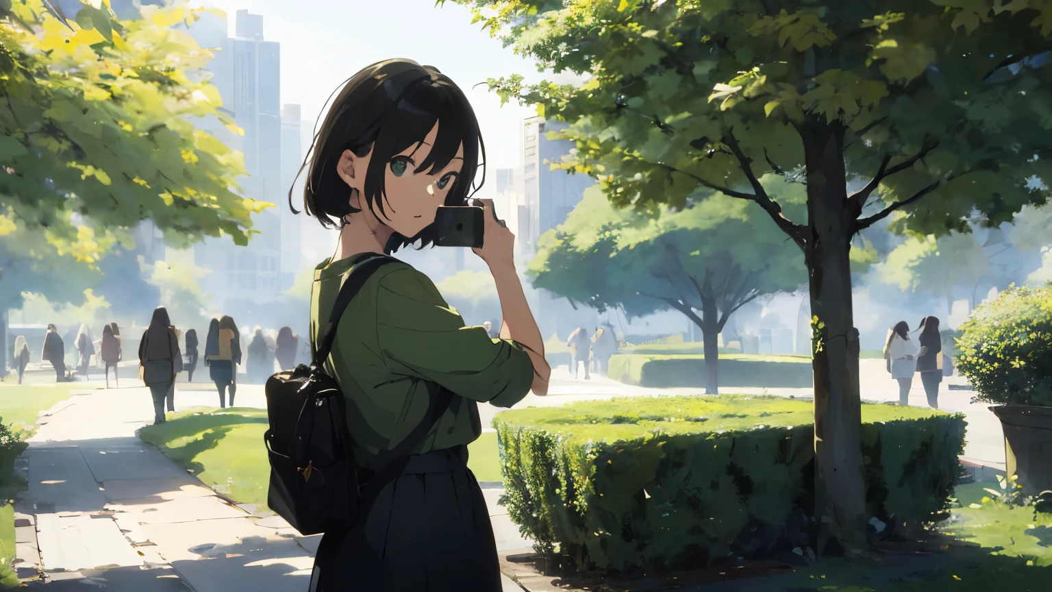 ((highest quality)), ((masterpiece)), (be familiar with), perfect face Girl taking a photo in a green park