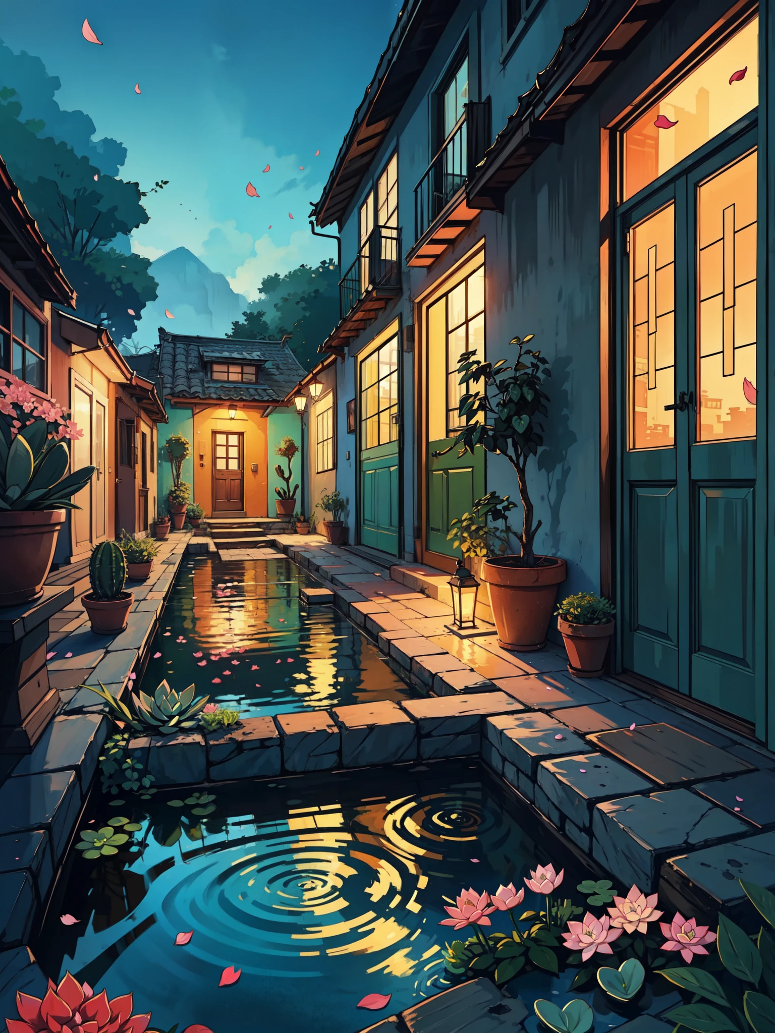 (masterpiece:1), (full wide view:1.5),(an old indian blue colored two storey apartment with orange doors and windows:1.6), (lo-fi vibe:1.3), (Bougainville flowers fallen in stone verandah outside:1.5), (movie scene:1.3), silence, (scattered blue sky:1.4), (soft dull glow of green and brown tones:1.4), magnificent sky, (Dim volumetric light:1.2), peaceful, (flowers growing in the front:1.5), (nature:1.3), (ghibli style:1.3), (petals in small pond outside:1.4), (beautiful aesthetics:1.2), (succulent plants in big pots:1.4), beautiful tones, subtle colors, peaceful, (illustration: 1.0), epic composition, realistic lighting, (no human:1.6), HD details, masterpiece, best quality, ,