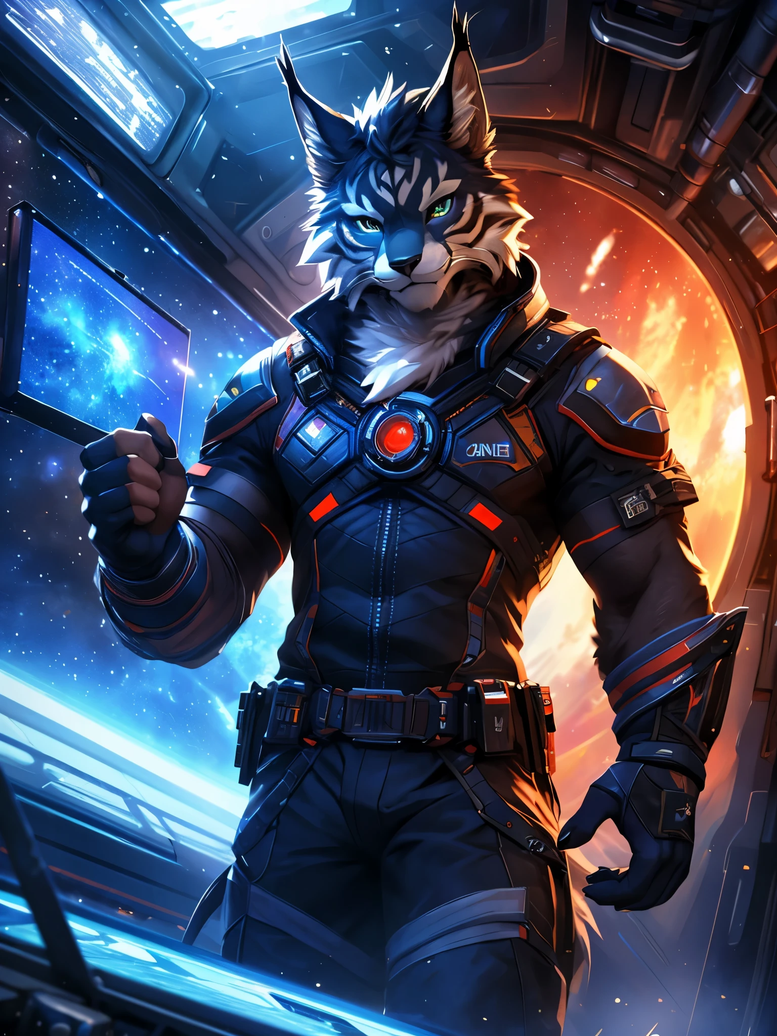 posted on e621, (by Chunie), male, Lynx anthro, solo, (Realistic eye details 1.2), anime character, arafed image of a man in a space station with a mask, pov furry art, anthro paw pov art, furry paw pov art, commission for high res, furry art!!!, very very beautiful furry art, furry art, on a space station, in a space station, fursona furry art commission, detailed fanart, fursona art, furry fantasy art, slim body, full body like, muscular, in a panoramic view, masterpiece, Abstract beauty, ultra detailed face, depth of field, motion blur, high details, high quality, award winning, HD, 16k, (best quality,4k,8k,highres,masterpiece:1.2),ultra-detailed,realistic:1.37,HDR,UHD,studio lighting,extreme detail description,professional,vivid colors,bokeh,lively atmosphere, natural lighting