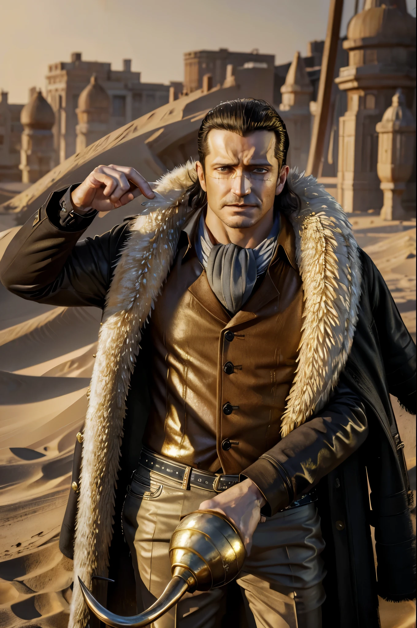 masterpiece, best quality, extremely detailed, hyperrealistic, photorealistic, a cool 40s man, fur-trimmed coat, scarf around the neck, ultra detailed face, his left hand is a golden pirate hook:1.1, dust-effect:1.1, sand