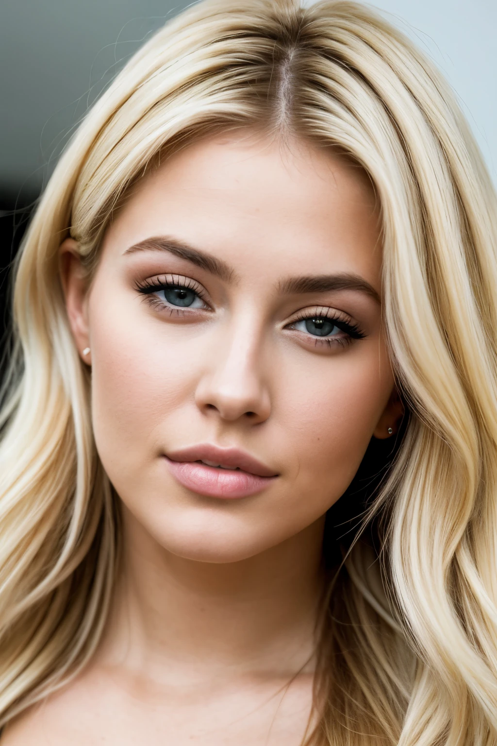 A photorealistic portrait of a 26 year old, she is blonde and she look like kylie page