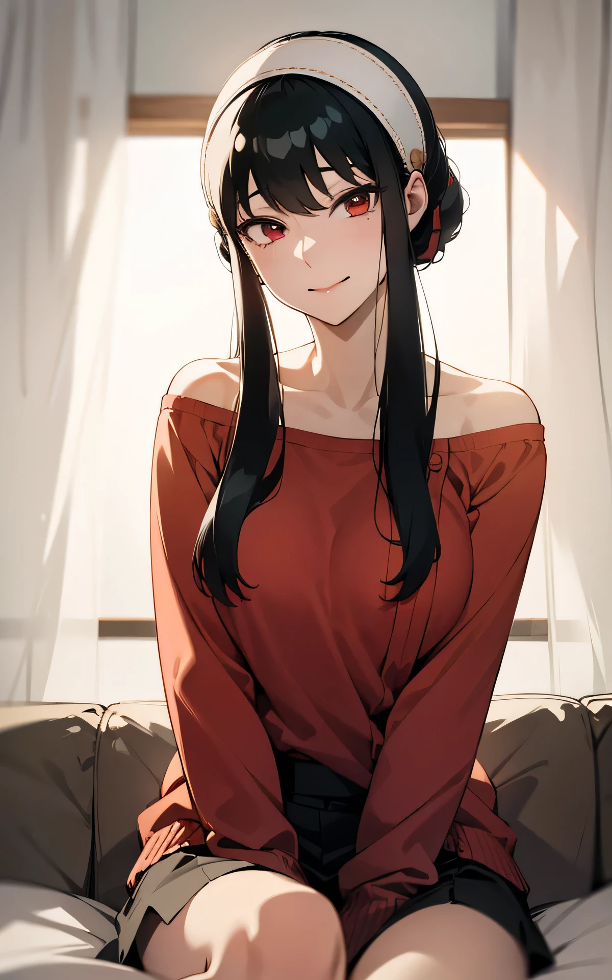 absurderes:1.8, realistic, Unity 8K Wallpaper, Masterpiece, detailed hair, highly detailed, realistic glistening skin、(dark-haired、short hair with long locks、white hairband、Red Eyes、off shoulders、Red Sweater:1.5、long-sleeve)、(light smile:1.3)、sitting on sofa:1.7, cowboy shot:1.3