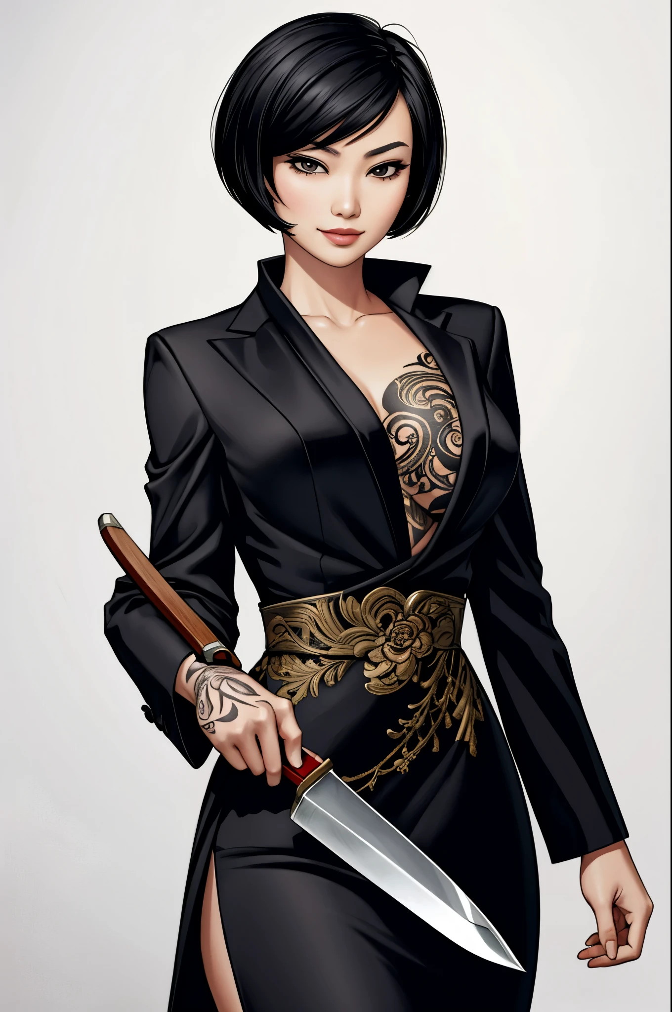 1 asian woman, spy, elegantly dressed, smirk, short black hair, holding knife,  y2k animation, hq, intricate detail, high quality, smooth, (masterpiece, best quality), tattoos, standing, blank background, white background
