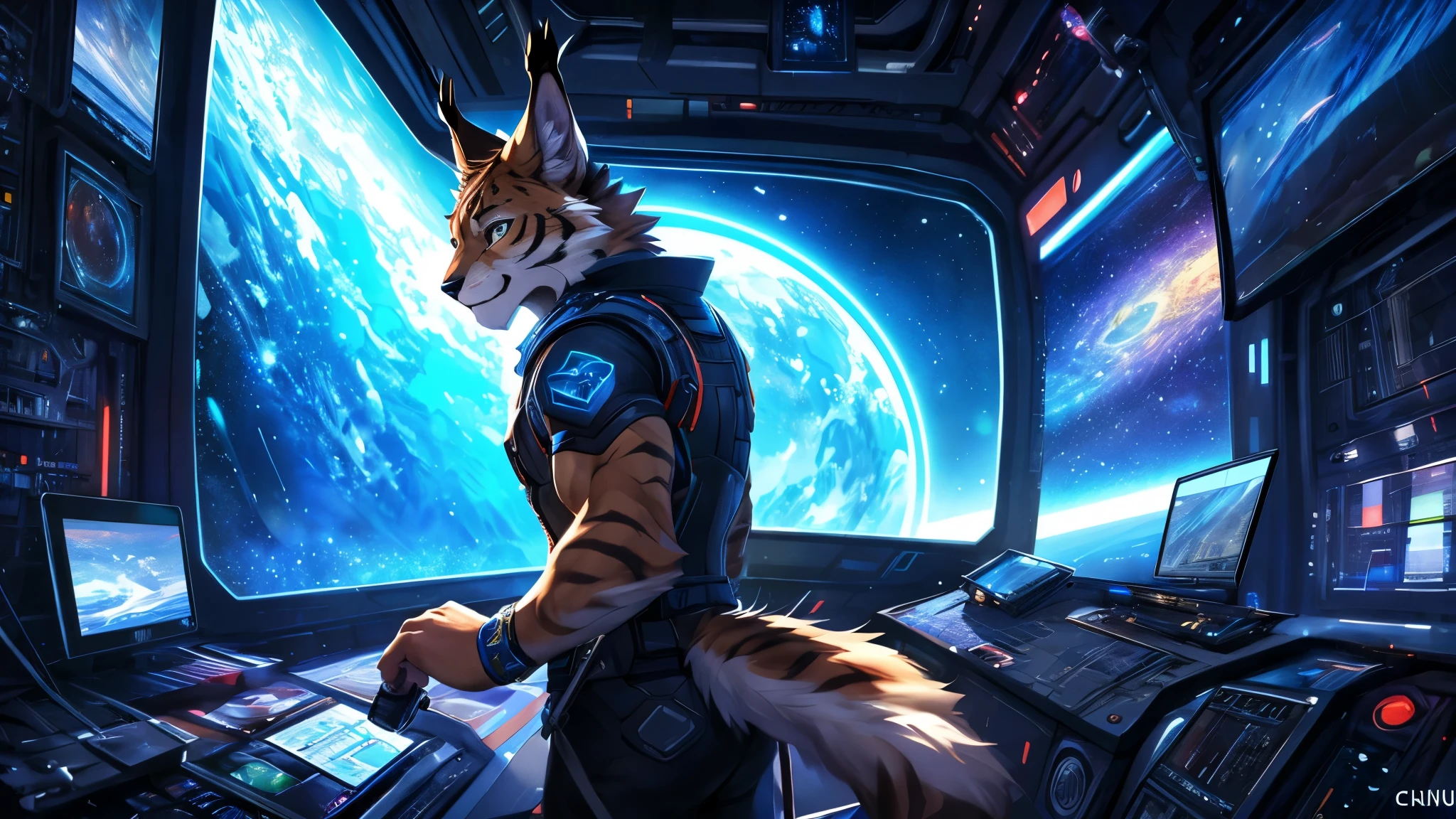 suggestive content, highres, super high resolution, beautiful details, beautiful eyes, depth of field, solo focus, detailed background, high quality, good lighting, high res, (((masterpiece))), 8k, depth of field, ray tracing, detailed background, great lighting, detailed face and body, detailed lighting, [cinematic lighting], [backlighting], [detailed ambient light], [gray natural lighting], [sharp focus], solo,
Ratchet, Male Anthro Lombax,
Relaxing on a Futuristic Starship, (Facing away from viewer):1.1, looking into space,
(detailed fluffy fur):1.3, Athletic, Toned, back muscles,
by rakisha, by [zackary911, chunie, meesh, kiyosan, sigma x, darkgem], NSFW,bottomless, big butt