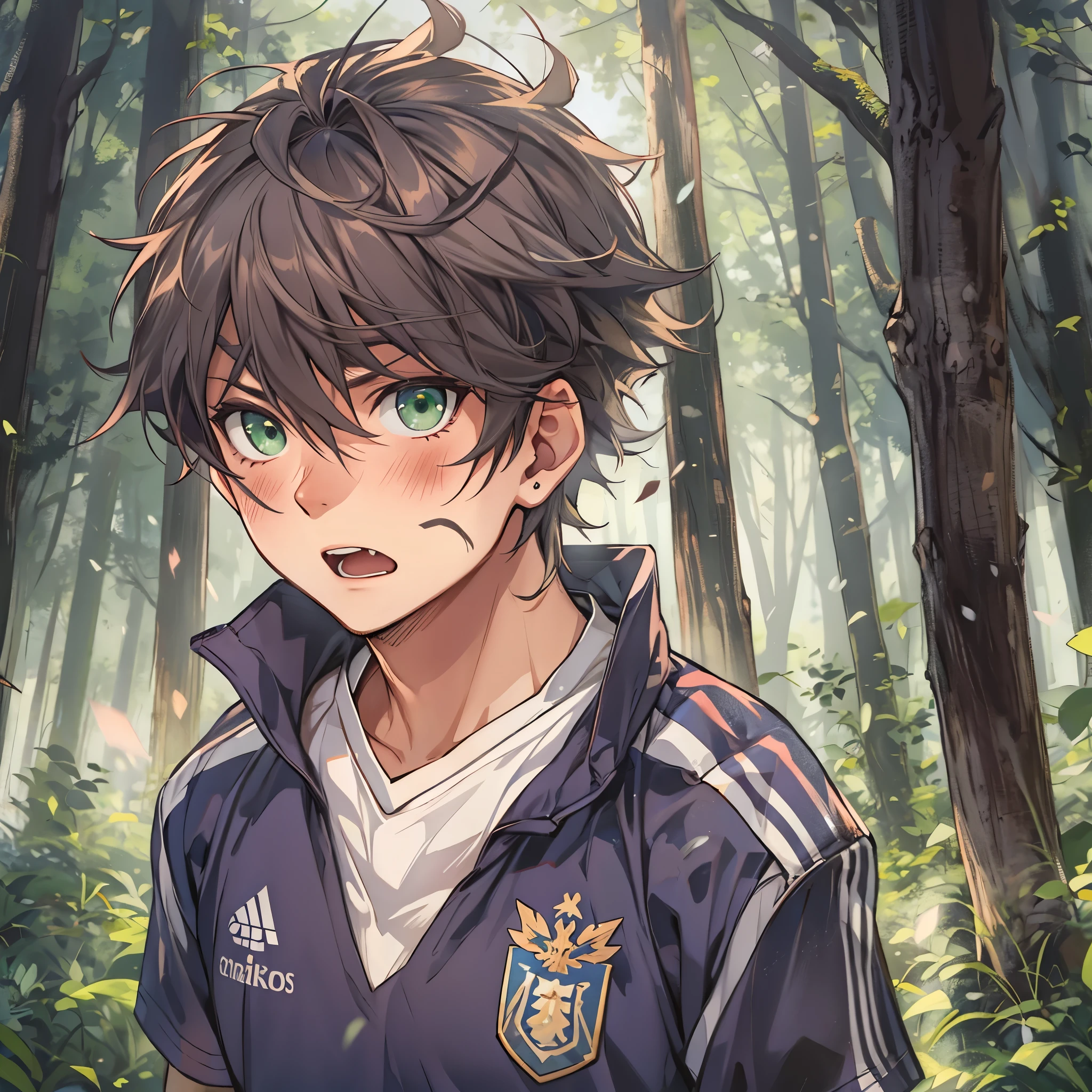 1boy, masculino, soccer uniform , green eyes , inside the forest, rage, forest