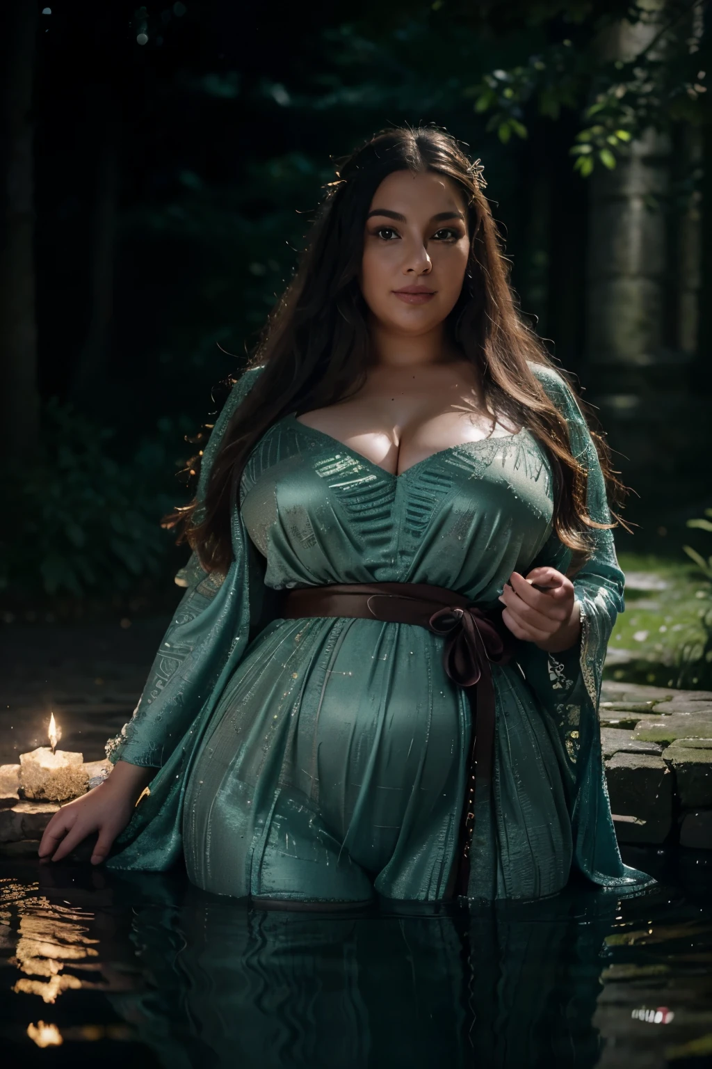 (Masterpiece: 0.8), Stunningly detailed, High definition, SSBBW (600 pounds), Saggy belly, Wizardess, Magical atmosphere, Enchanting surroundings, Mystical aura, Shallow depth of field, Ethereal lighting, Up-close perspective, Riveting details, Glowing eyes, Long flowing robes, Enchanted staff, Furtive smile, Otherworldly setting, Old stone bridge, Crystal-clear water, Lush greenery, Starry night sky, Moonlit surroundings, (Exquisite textures: 1.5)

An extraordinary masterpiece featuring a 600-pound SSBBW w