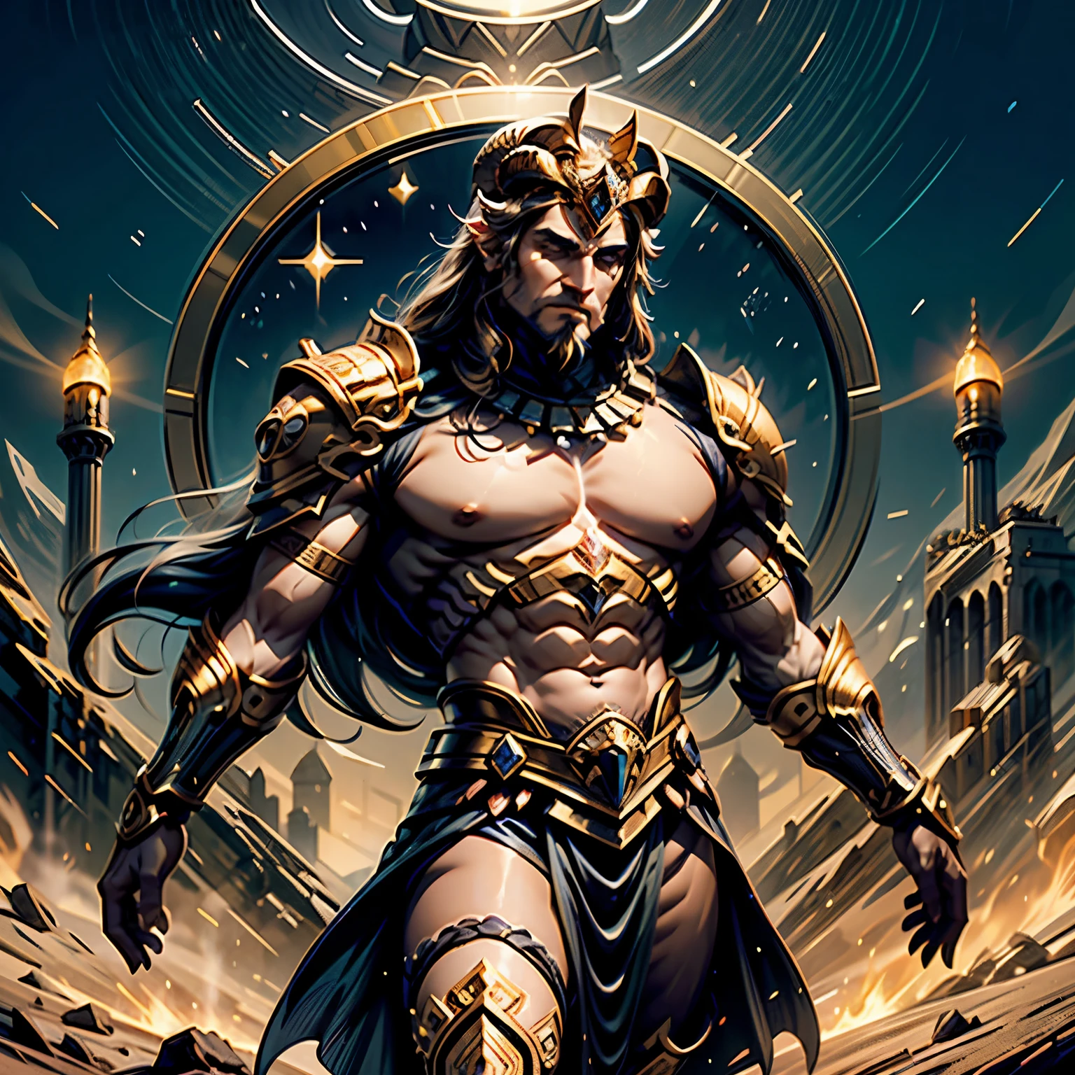 Cosmic Chronicles: Knights of Olympus: Aries: A towering figure with broad shoulders and a commanding presence. He wears intricately designed golden armor adorned with ram motifs, symbolizing his connection to the powerful celestial ram. His helmet features imposing ram horns that add to his intimidating appearance. A fierce determination burns in his eyes, reflecting his unwavering commitment to justice and protection.