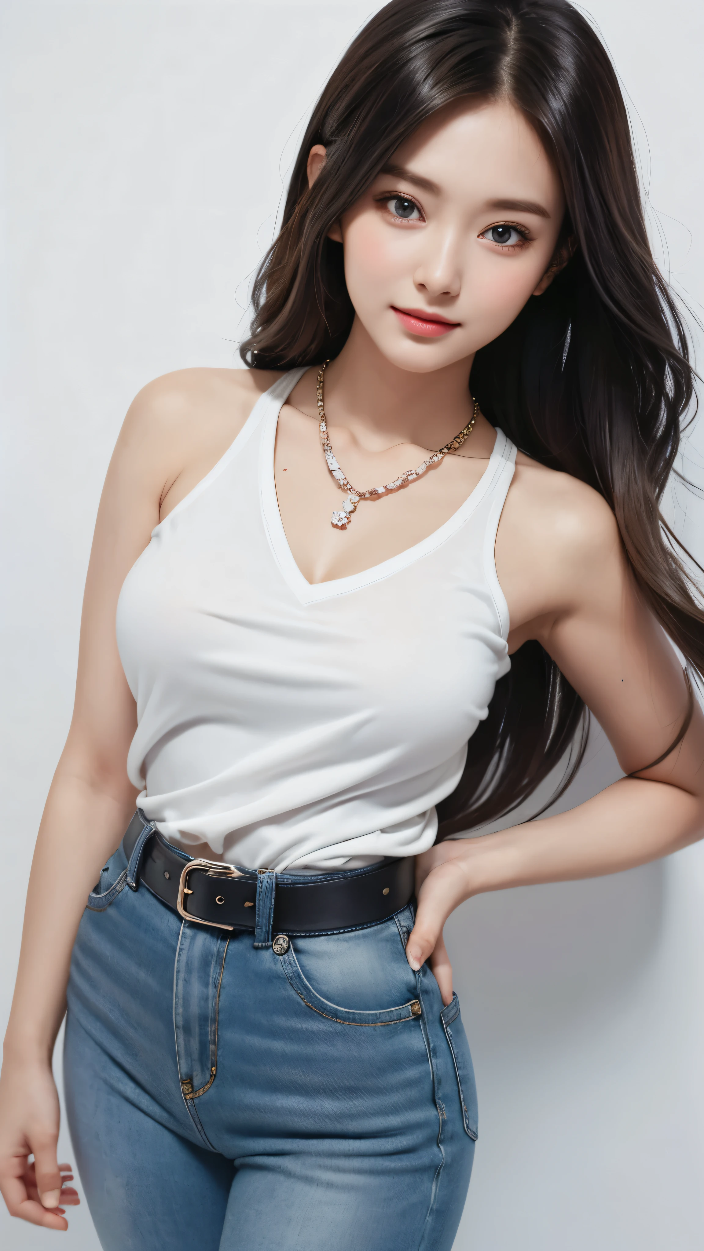an illustrated character with a manga style. She has long, straight hair with blended gray and light brown tones. Her eyes are large and expressive, with blue irises. She has a nose and plump lips.The character is wearing navy tank top that accentuates her fit physique. She has on white jeans with a belt, giving her a casual yet stylish look. A small necklace completes her outfit. Her pose conveys confidence, with one hand on her hip and a subtle smirk on her face. fashion-forward young woman character, comic art styles. The background is plain white, keeping the focus solely on the detailed character illustration itself.