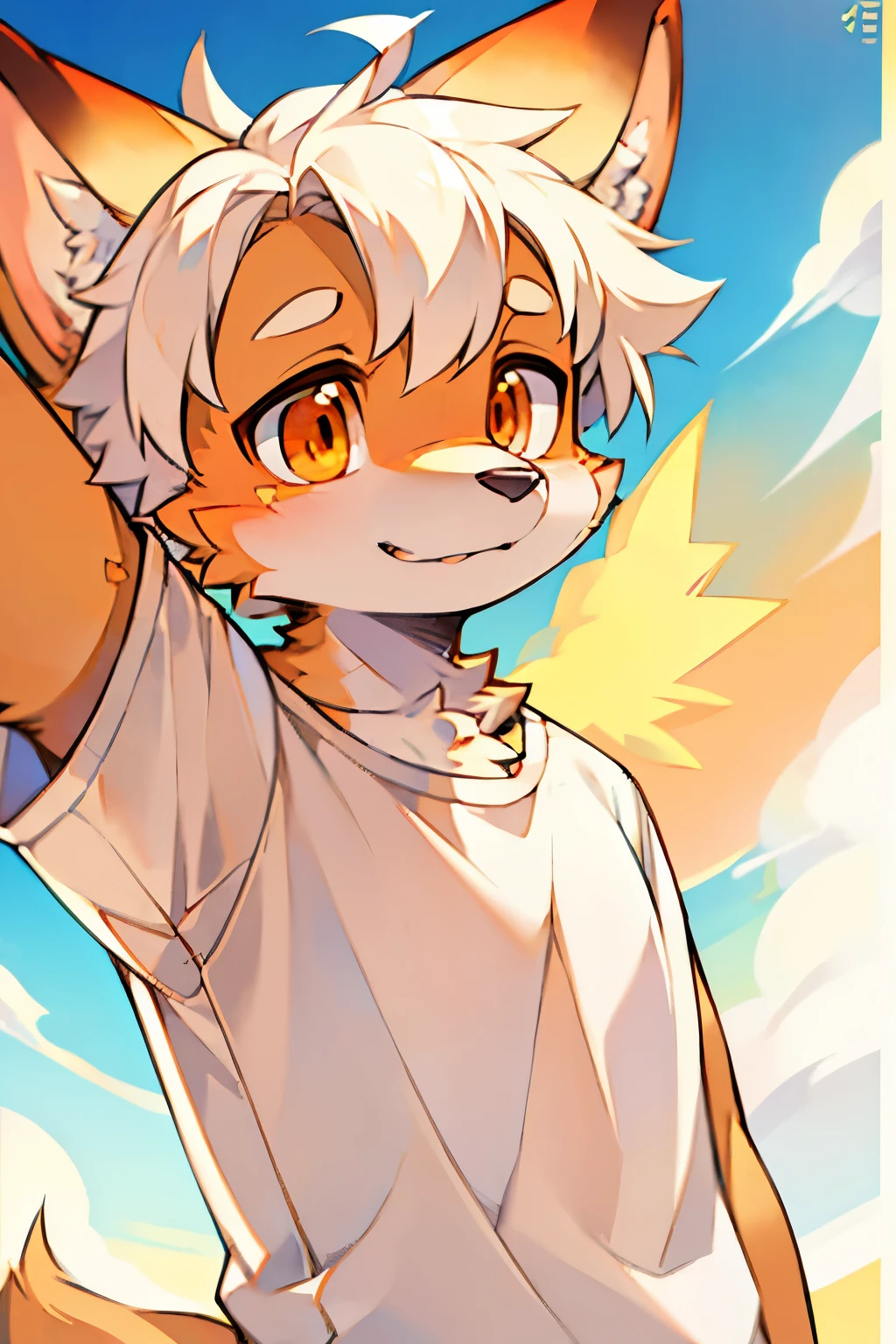 kemoshota, best quality,best resolution,(fluffy anthro furry :1.6),(young :1.6),  dog shota, dachshund, white fur, naked, heavy breath, plenty drool, dynamic angle, 6  boy,Masterpiece,cub,best resolution, white hair boy, ears, tail, pubic fur, sweating, full face blush, naked mini shorts, Solo, kemono, blushes, look at camera, smile open mouth, standing on mouth, view from mountain, cloud fog background, sunrise time, tony tony chopper, 