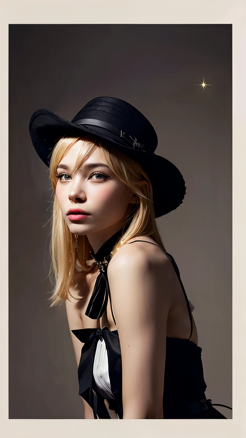 full-body, photograph of a blonde bunny girl wearing a black fedora hat, orejas de conejo, vestido ????? sexy, cielo estrellado, collar con una estrella en su cuello, portrait photography, fantasy art