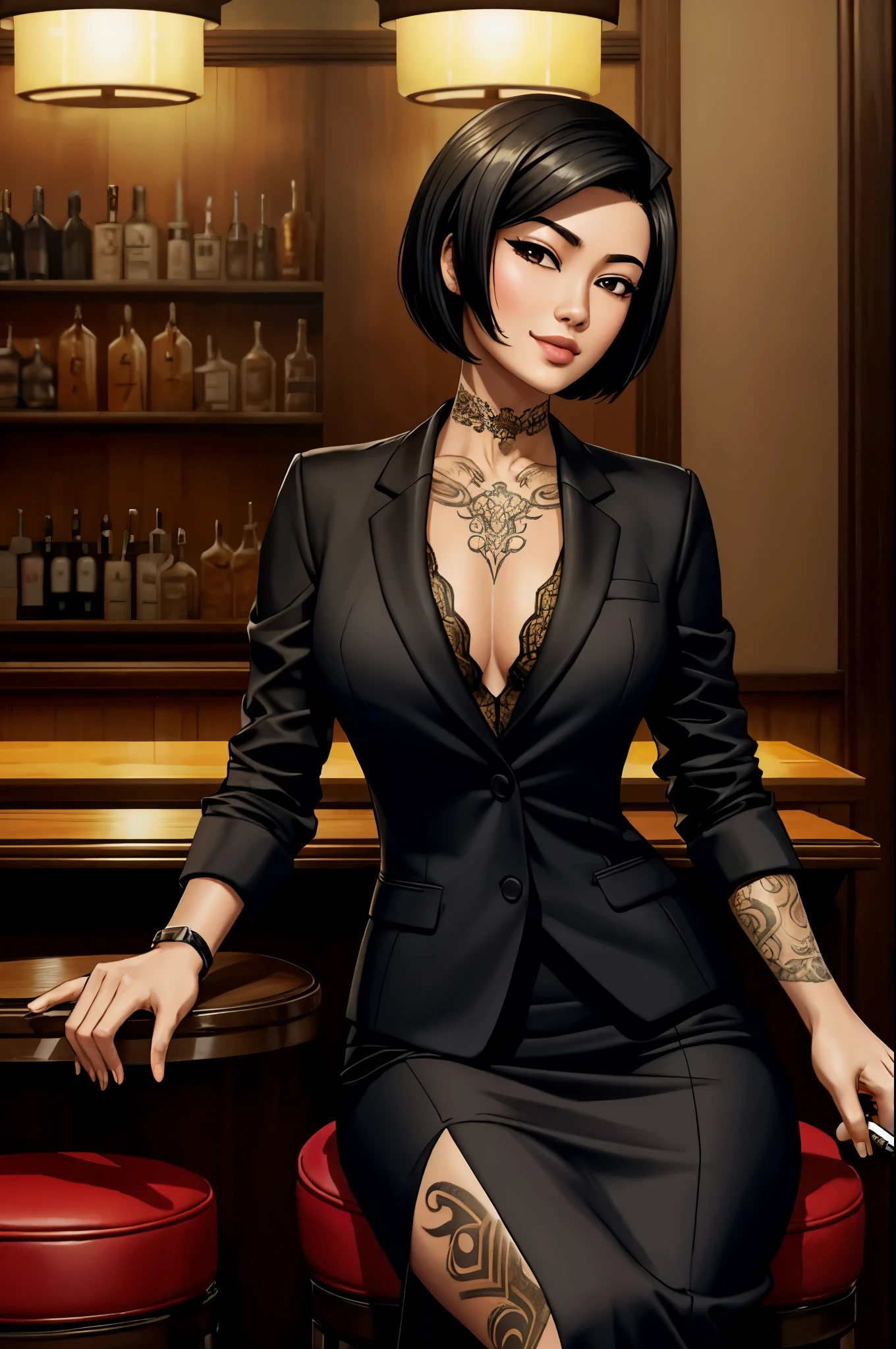 1 asian woman, spy, elegantly dressed, smirk, short black hair, holding a cigar, y2k animation, hq, intricate detail, high quality, smooth, (masterpiece, best quality), tattoos, sitting at bar,