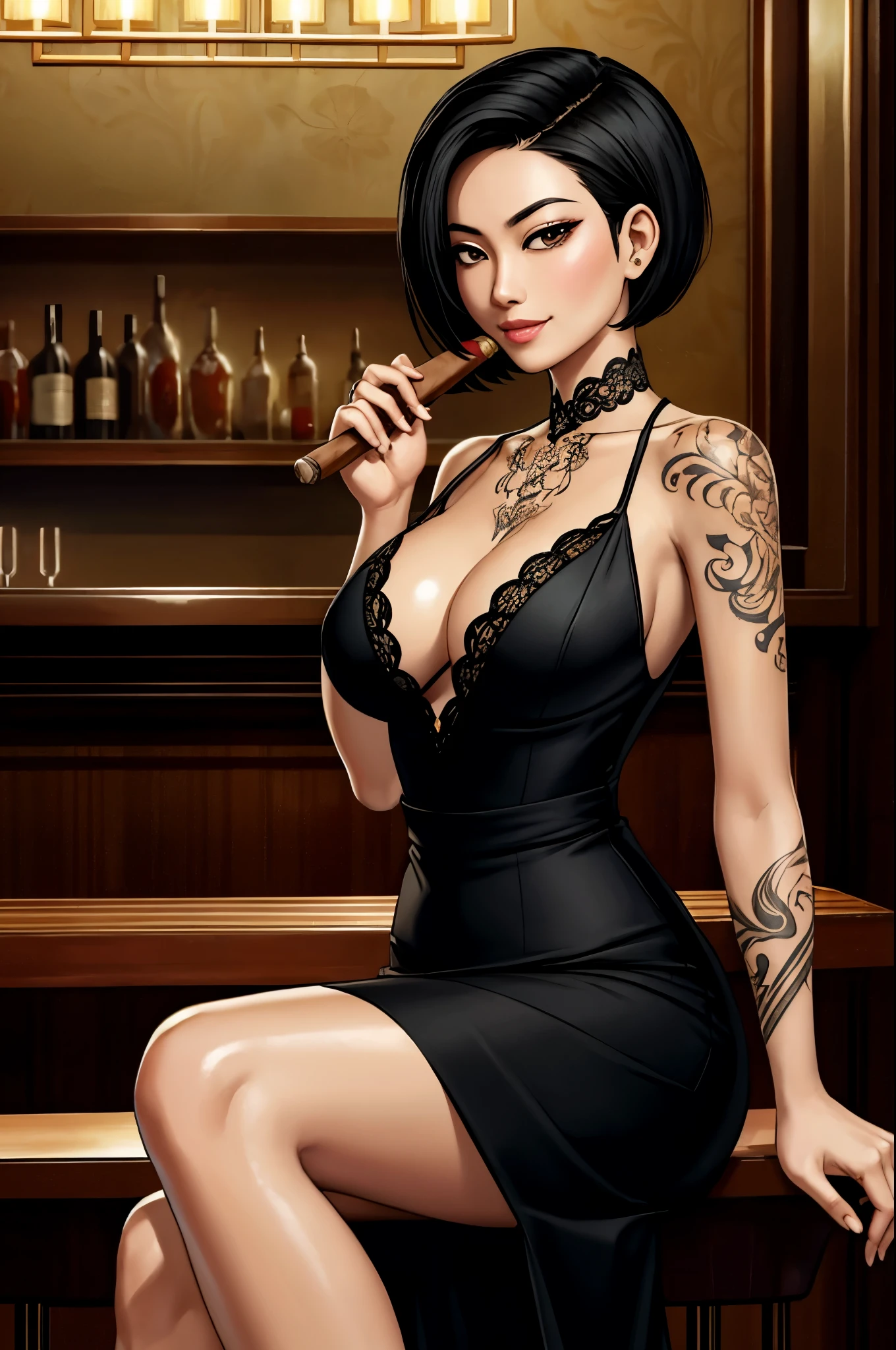 1 asian woman, spy, elegantly dressed, smirk, short black hair, holding a cigar, y2k animation, hq, intricate detail, high quality, smooth, (masterpiece, best quality), tattoos, sitting at bar,