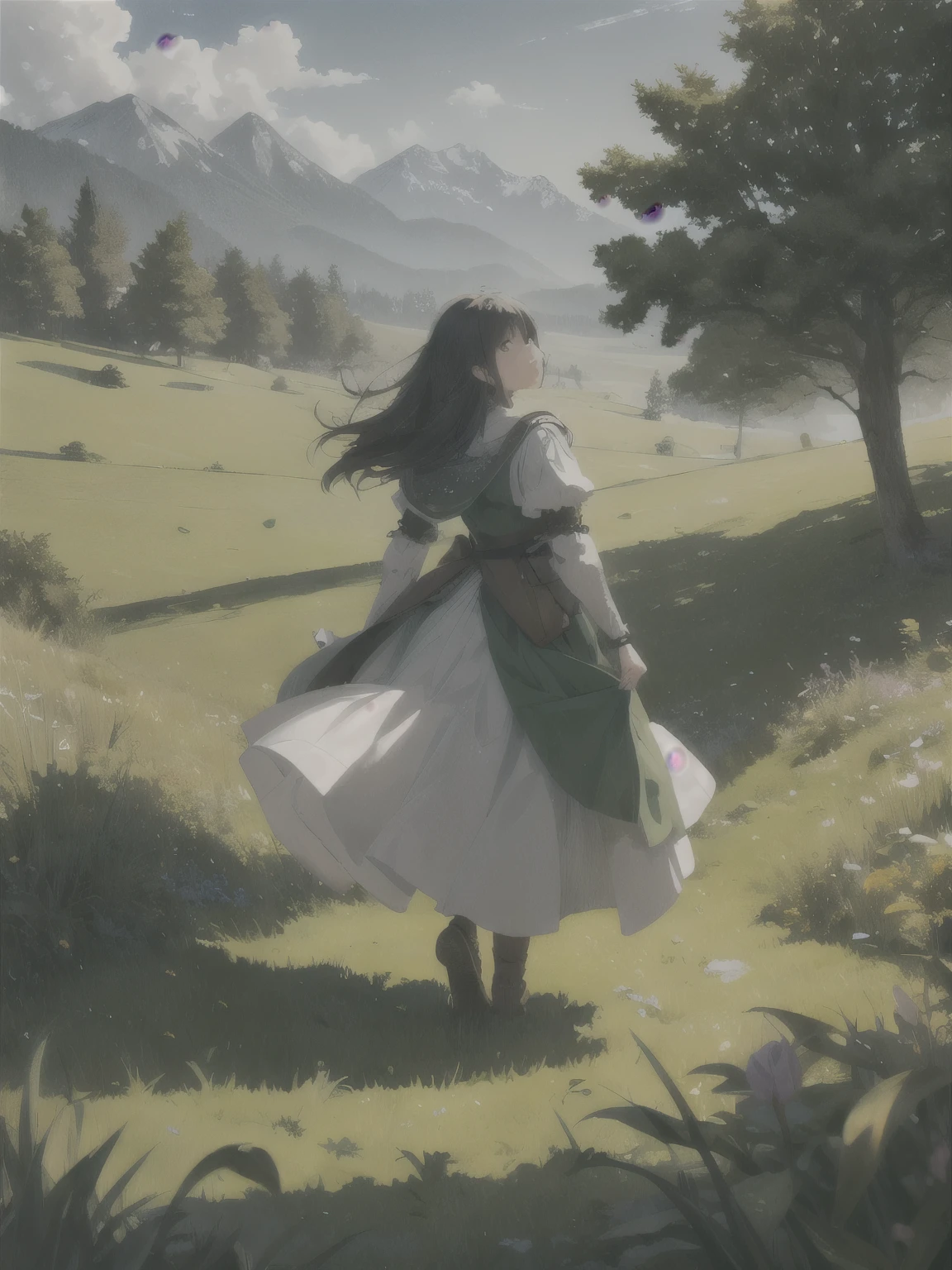 In a green meadow stands a girl leading a group of knights.
BREAK
With a brave expression, she guides them towards their destination.
BREAK
Behind her, a green forest stretches out and beyond that, mountains rise in the distance.
BREAK
The most suitable effect for this scene would be a watercolor painting technique to capture the softness of the meadow and the fluidity of the movement.