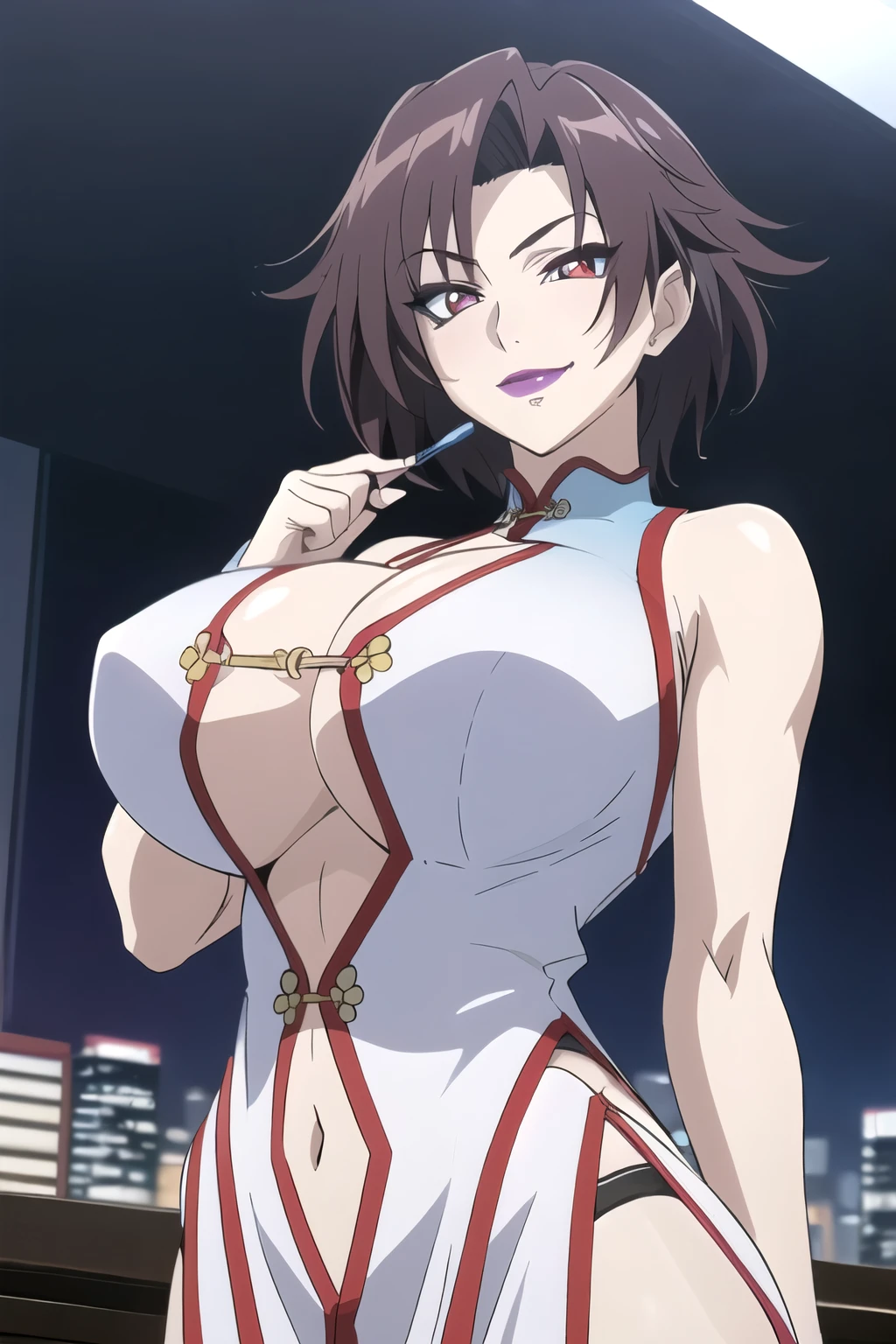 Lee Mayfeng, standing, (3/4 body shot :1.1), mature female, 1girl, anime face, standing, solo, chinese dress, makeup, gigantic breasts, lipstick, red eyes, short hair, brown hair, underboob, cleavage, perfect body, (athletic body:1.1), perfect eyes, anime eyes, smoky eyeliner, eyeshadow, perfect face, smiling, sharp focus, intricate details, masterpiece painting, professional artwork, (vibrant colors:1.1), vivid colors, Diffused lighting, digital blending, ultra detailed body, ultra detail hair, ultra detail face, trending on pixiv, by Kagami Hirotaka, , posing, night_sky, city lights, indoors, luxury office