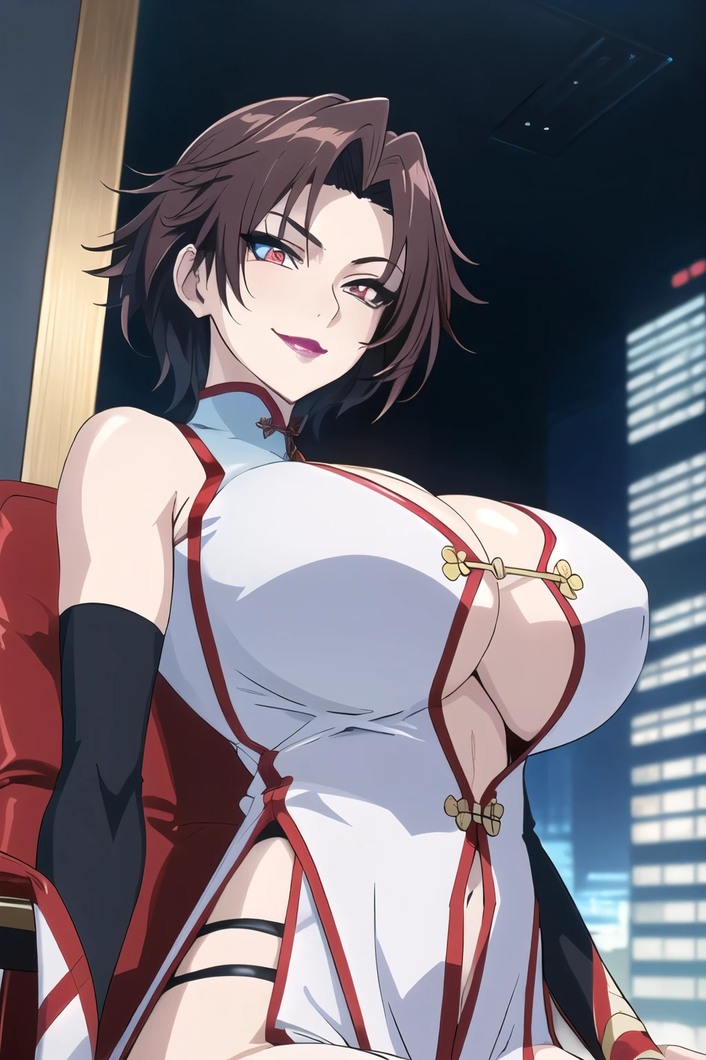 Lee Mayfeng, standing, (3/4 body shot :1.1), mature female, 1girl, anime face, standing, solo, chinese dress, makeup, gigantic breasts, lipstick, red eyes, short hair, brown hair, underboob, cleavage, perfect body, (athletic body:1.1), perfect eyes, anime eyes, smoky eyeliner, eyeshadow, perfect face, smiling, sharp focus, intricate details, masterpiece painting, professional artwork, (vibrant colors:1.1), vivid colors, Diffused lighting, digital blending, ultra detailed body, ultra detail hair, ultra detail face, trending on pixiv, by Kagami Hirotaka, , posing, night_sky, city lights, indoors, luxury office, sitting on luxury chair