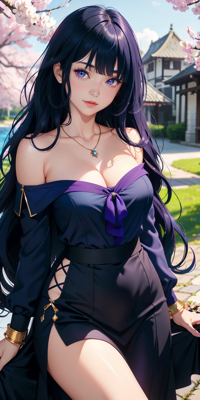 She is very beautiful and has perfect medium breasts, ((long dark blue wavy hair, hair over one eye)) purple eyes (detailed background), detailed landscape, 1girl, solo, looking at viewer, smile, skirt, shirt, neckline, bare shoulders, jewelry, collarbone, white shirt, outdoor, necklace, off shoulder, bracelet, (masterpiece), (best quality), (ultra detailed), (highly detailed), (detailed face) ) petals, cherry blossoms, she is in dynamic pose exuding passion,long dark blue hair, Blunt Bangs, purple eyes