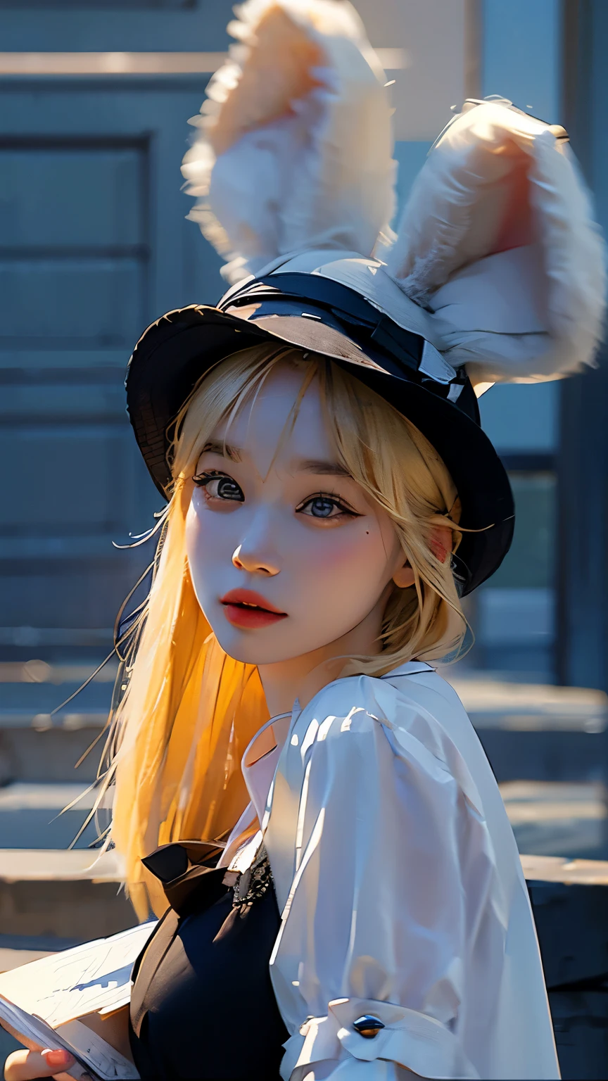 full-body, photograph of a blonde bunny girl wearing a black fedora hat, orejas de conejo, vestido negro sexy, cielo estrellado, collar con una estrella en su cuello, portrait photography, fantasy art