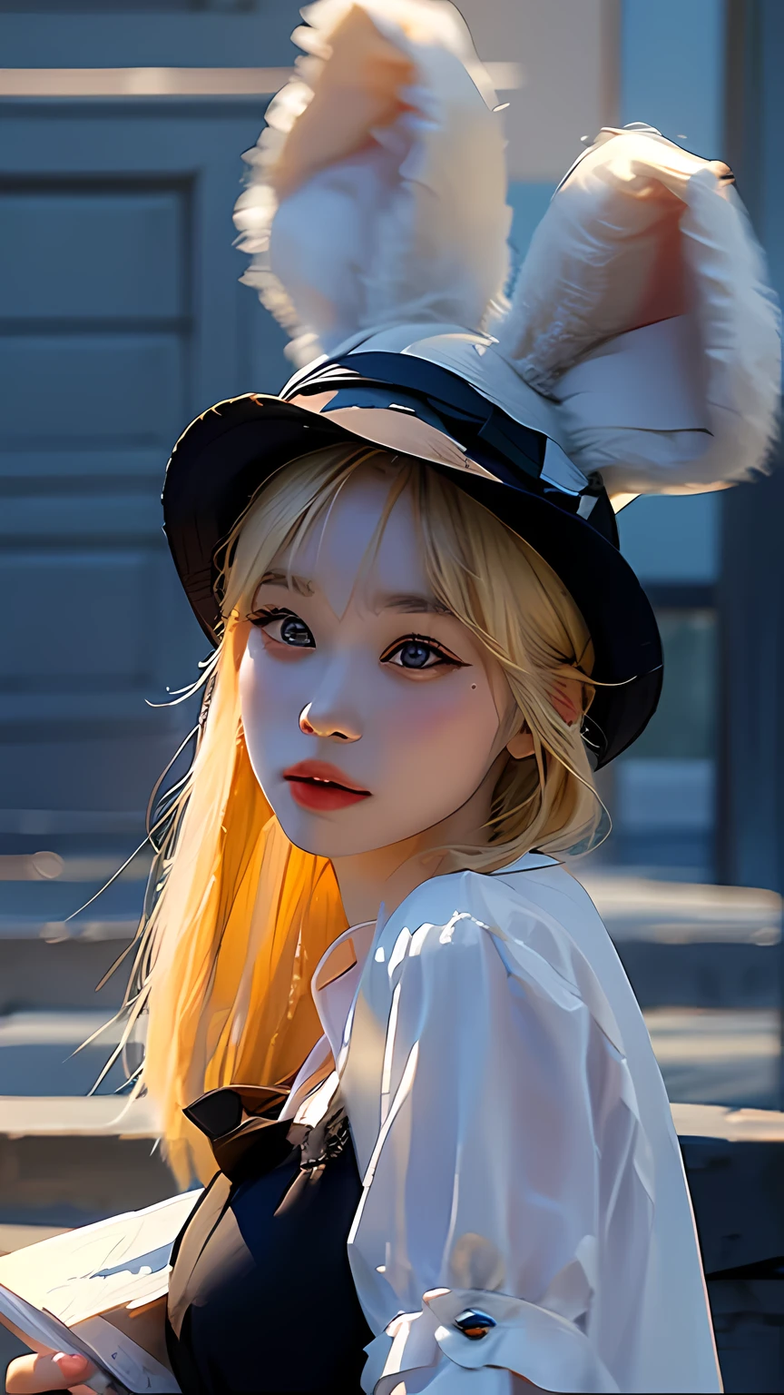 cuerpo completo, photograph of a blonde bunny girl wearing a black fedora hat, orejas de conejo, vestido negro sexy, cielo estrellado, collar con una estrella en su cuello, portrait photography, fantasy art