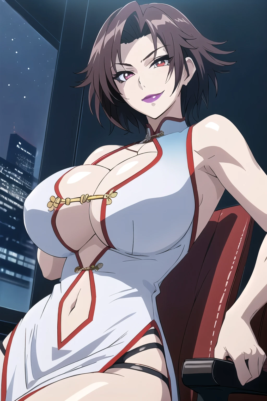 Lee Mayfeng, standing, (3/4 body shot :1.1), mature female, 1girl, anime face, standing, solo, chinese dress, makeup, gigantic breasts, lipstick, red eyes, short hair, brown hair, underboob, cleavage, perfect body, (athletic body:1.1), perfect eyes, anime eyes, smoky eyeliner, eyeshadow, perfect face, smiling, sharp focus, intricate details, masterpiece painting, professional artwork, (vibrant colors:1.1), vivid colors, Diffused lighting, digital blending, ultra detailed body, ultra detail hair, ultra detail face, trending on pixiv, by Kagami Hirotaka, , posing, night_sky, city lights, indoors, luxury office, sitting on luxury chair