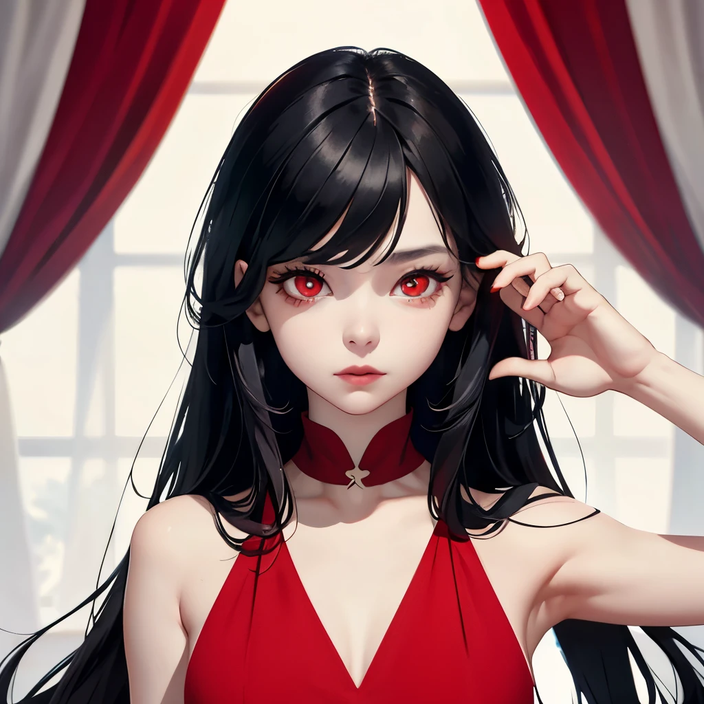 best quality, masterpiece, long Black hair, red eyes, looking up, upper body, red dress