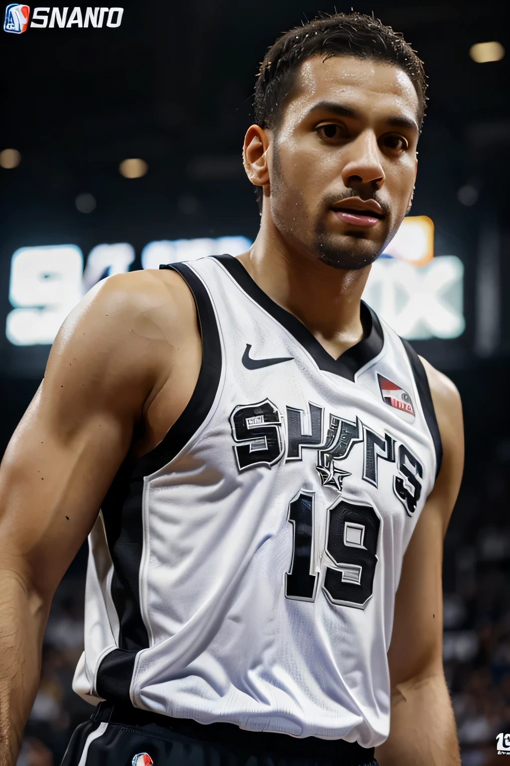 Generate me a picture of Lebron James in a San Antonio Spurs jersey