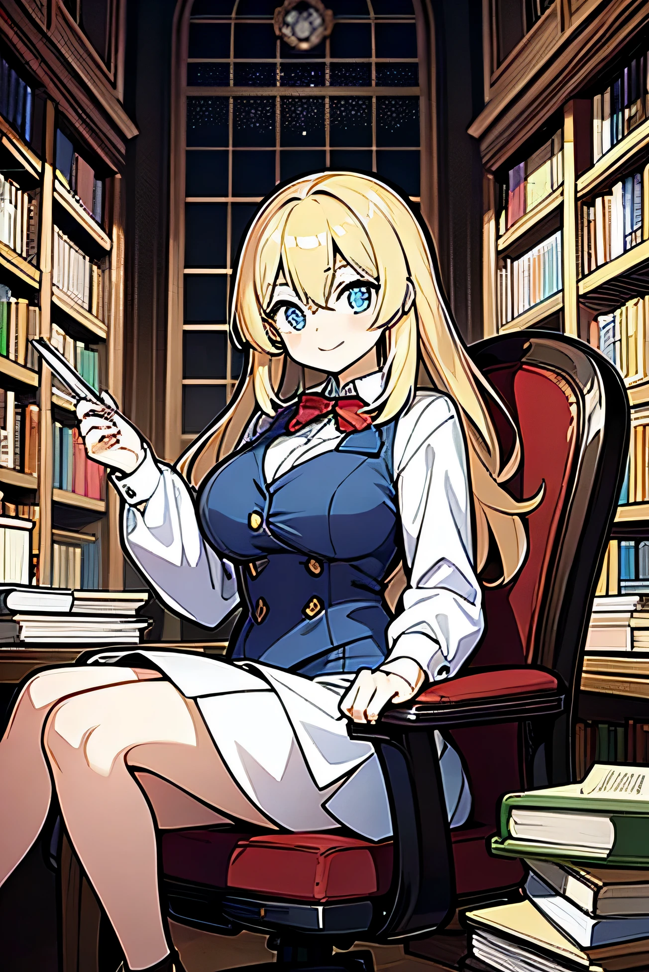 A manga cover illustration depicting a girl detective and her assistant sitting on chairs in a huge library..