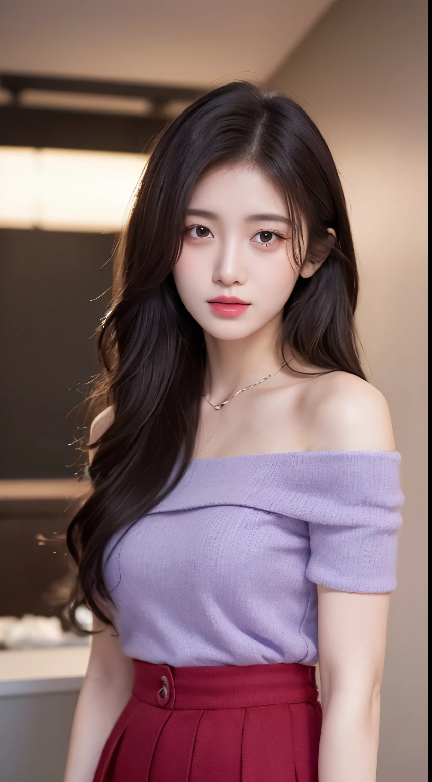 best quality, illustration, Super detailed, fine details, high resolution, 8k wallpaper, Perfect dynamic composition, Beautiful and delicate eyes, tight mini,medium hair,,natural color lips, Feel free to strike sexy poses,Harajuku、20 year old girl、Lovely、Sexy shot looking at camera,full-body shot,full-body shot,Purple knitted off-shoulder shirt,Red pleated skirt,