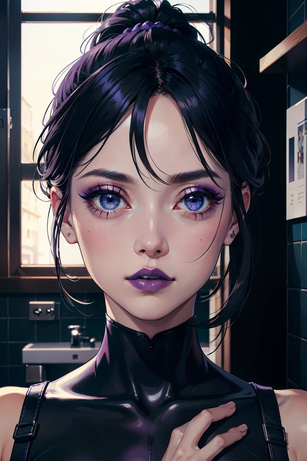 (masterpiece, best quality, 16k, 8k, ultra highres, toilet background, long hair, black hair, blue eyes, ponytail, highres:1.0), haruhiko_ichijou wear black bodysuit, makeup, purple lipstick, purple eyeshadow, eyelashes, beautiful face, hyperdetail face, hyperdetail bodysuit,