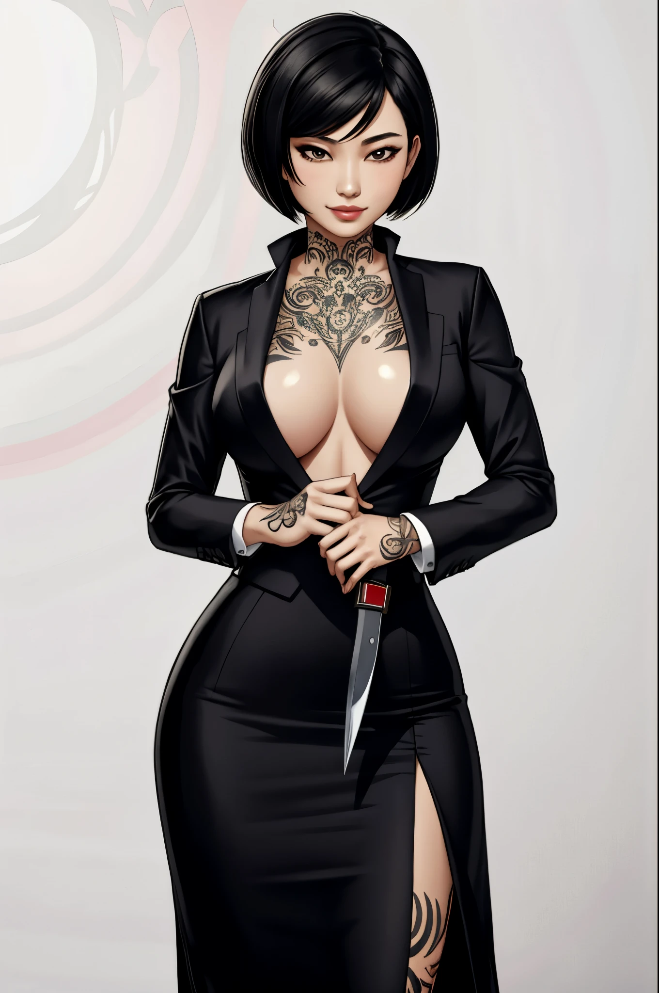 1 asian woman, spy, elegantly dressed, smirk, short black hair, holding knife, y2k animation, hq, intricate detail, high quality, smooth, (masterpiece, best quality), tattoos, standing, blank background, white background, Japanese woman