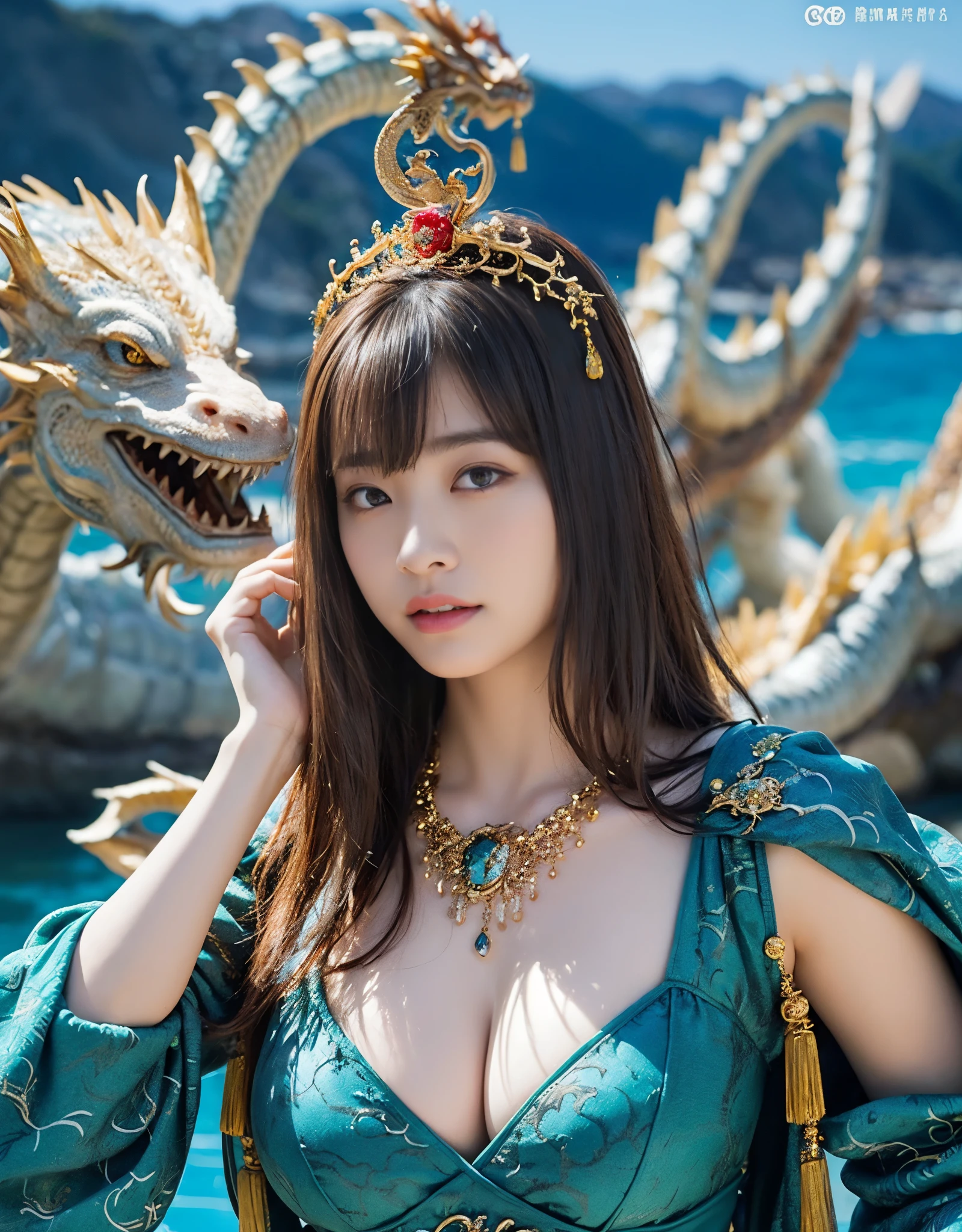 (very heavy chest)、highest quality、masterpiece、ultra high resolution、（water dragon armor）、(((Metal製))),(((big breasts)))、(((black micro bikini))),(she wears a beautiful crown made of precious stones.),(Photoreal:1.4)、RAW photo、1 girl、(((random hair))、(((color々take a pose)))、glowing skin、(((water chinese dragon)))、intricate and gorgeous hair ornaments、（looks like a gorgeous necklace）、（someone who looks at you calmly, Eyes like a goddess.）happiness:1.2).((beautiful sea background))、cliff、(ruins background)、((Ultra realistic details))、portrait、global illumination、（sexy pose）、Shadow、octane rendering、16k、big breasts、Raw skin exposed in the cleavage、Metal、intricate decorative details、Japan details、very intricate details、realistic light、CG Society Trenlow Eyes、Eyes shining towards the camera、(((heavy big))),Shining eyes shine、armpit、24k,Ice Effect、It&#39;s snowing、