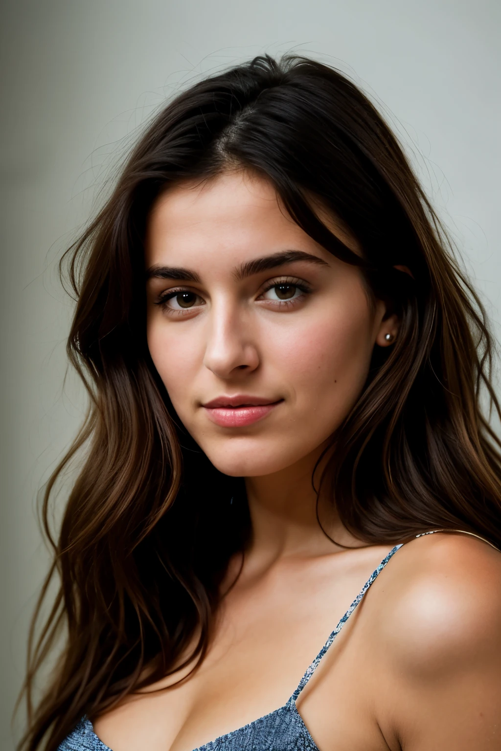 A photorealistic portrait of a 26 year old, she is brune and she look like cléa gaultier