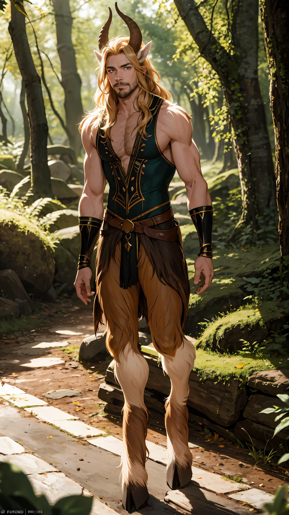 Handsome and hunk Elf Man, wearing a Roman Belt, shirtless, white hair, elf aer, playing a Bard instrument, in a forest, perfect lights, magical forest, perfectly drawn, High Definition photo, Photo realistic, Extremely Detailed picture, 4K quality