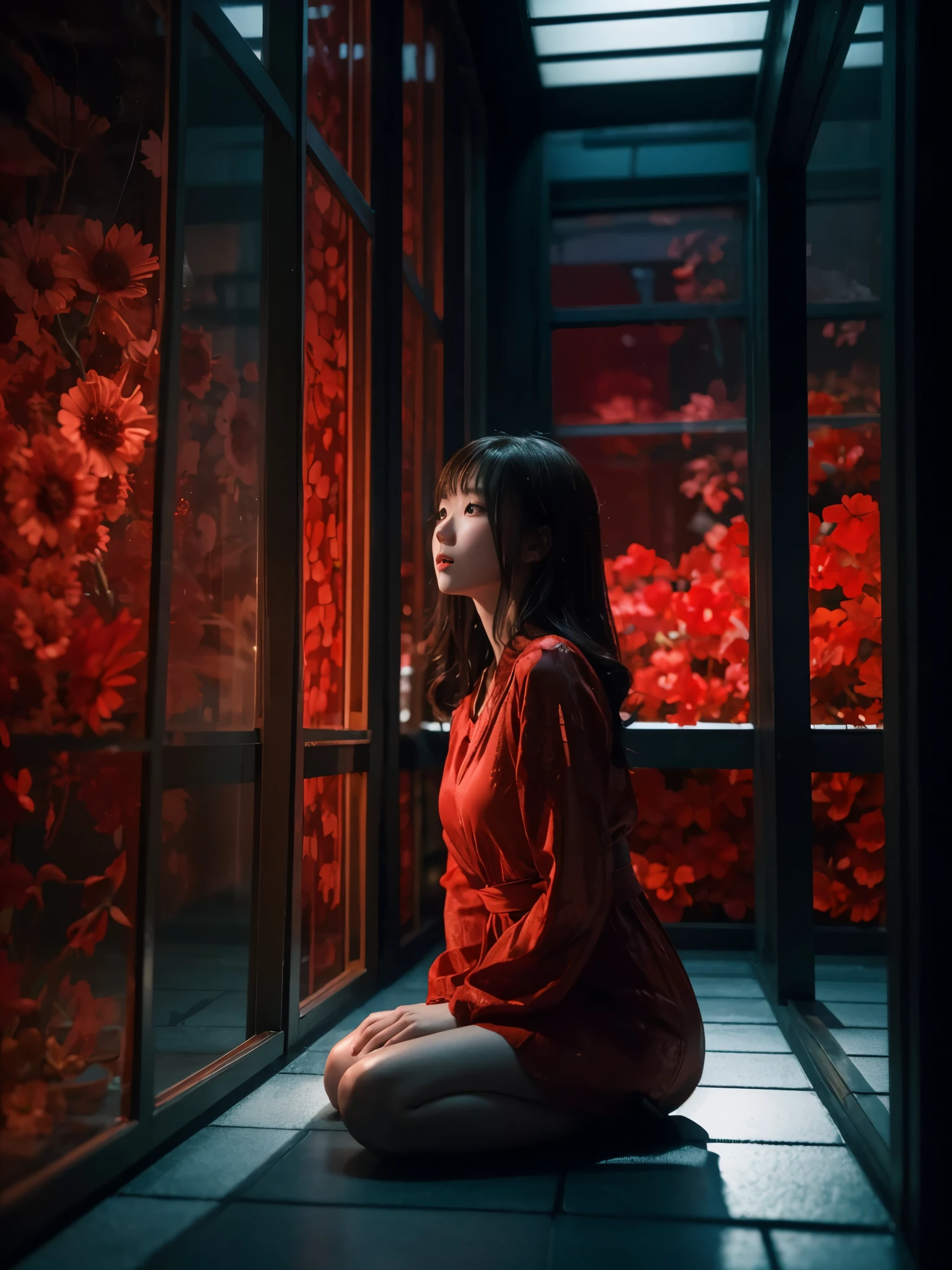 backlight dramatic night photography, night scene, 30 years japanese girl, pale face, very thin body, brown hair, wearing red flower mini dress, trapped inside red glass square display, dramatic source of light