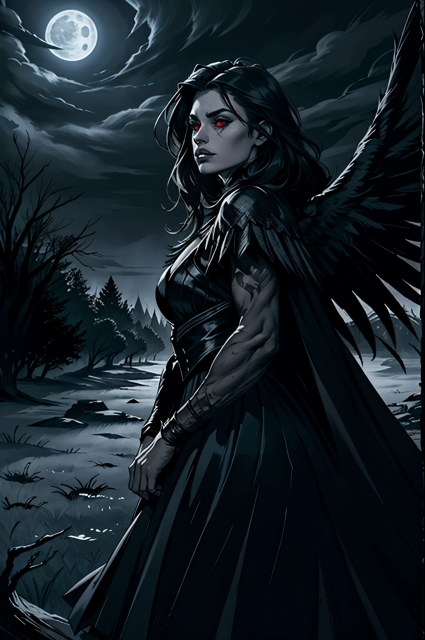 (best quality,4k,8k,highres,masterpiece:1.2),ultra-detailed,(realistic,photorealistic,photo-realistic:1.37),demon raven,gothic,dark,ominous presence,feathers flowing in the wind,blood-red eyes,sharp claws,glistening black feathers,ancient symbols,haunting atmosphere,misty moonlit night,ruined gothic architecture,mysterious shadows,tangled barren trees,ominous moon,menacing aura,whispering darkness,moonlight piercing through the clouds,cryptic symbols,subtle glow,ethereal beauty,the silence of the night,ominous moonlight,echoes of the past,hauntingly beautiful,forbidding secrets,menacing silhouette,sinister energy,ominous whispers,dark realm,void of light,majestic yet menacing presence,ominous presence,dark magic,hauntingly elegant,black feathers shimmering in the moonlight,ancient prophecy enfolding,ominous wings embracing the darkness,enchanted night.
