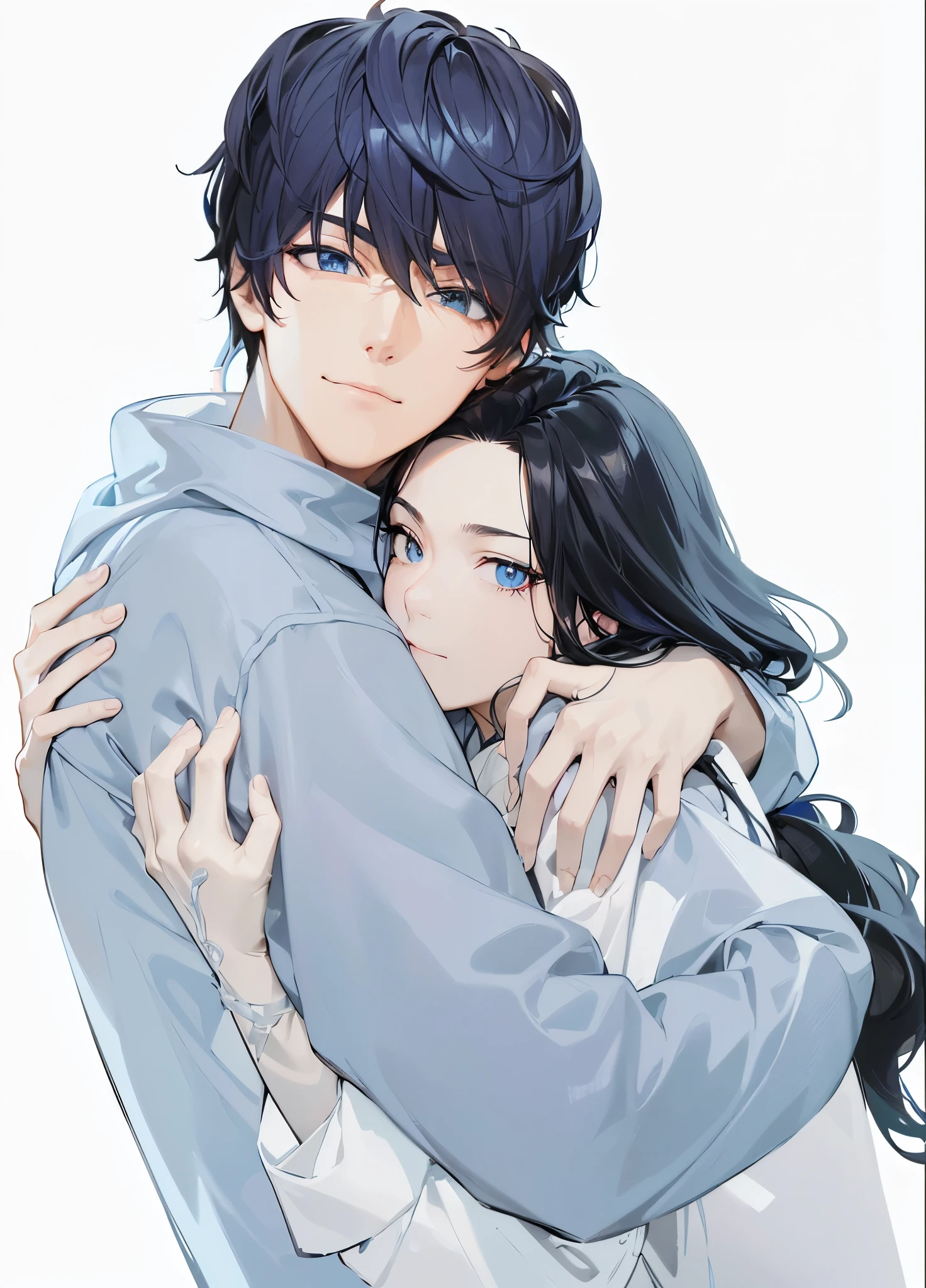 a handsome guy、serious expression、please close your mouth、He is wearing a black hoodie and has his hood up.、Grabbing the hood with both hands、cool look、blue neon light、Highly Detailed CG Unity 8K Wallpaper, (super masterpiece, beautiful person, well detailed face polluted smile, It&#39;s photorealistic, hyper realistic)