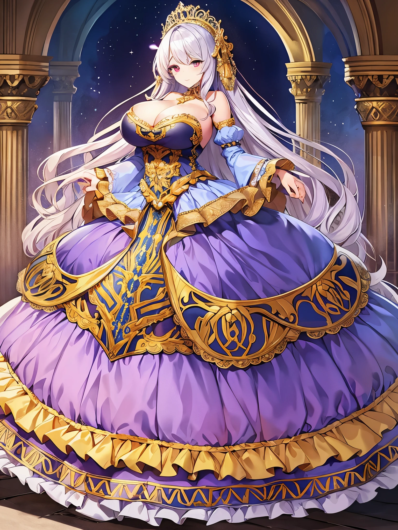 ((anime moe artstyle)),((Masterpiece)),(Best Quality),(Super Detail),((Very Delicate and Beautiful)),Solo,((full body)),full body,((1 princess in a beautiful embroidery and jeweled gorgeous crinoline rococo ballgown)),(((very very gigantic tits,cleavage,curvy))),Skindentation,((castle)),((crinoline,long train,voluminous full length hoop skirt)),beautiful embroidery and jeweled,((gorgeous crinoline rococo ballgown)),(detailed face and eyes),jewel-like eyes,((extremely voluminous straight Hair,Extremely Long Straight Hair)),extremely gorgeous hair ornament,((extremely gorgeous bling-bling big tiara)),bling-bling luxurious jewelry,(Dynamic Angle),((beautiful embroidery and jeweled gorgeous gorgeous crinoline rococo ballgown)),voluminous full length hoop skirt,(full body)