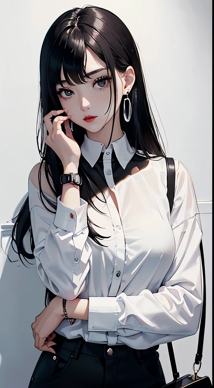 top-quality、Top image quality、​masterpiece、 girl((White shirt、long black trousers、18year old、 Ager、Best Bust、big bast,Black eyes, Black hair、A slender,Large valleys、red lipsticks、Black eyeshadow、Cute earrings、silver watch、sexypose、Bring your chest together、stylish shoulder bag)),hiquality、Beautiful Art、Background with((white wall for photography、Multiple cameras、shooting station))​masterpiece、depth of fields,Cinematic style