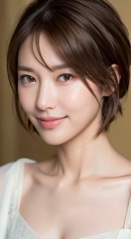((highest quality, 8k, masterpiece: 1.3)), 1 girl, The beauty of slim abs: 1.3, (Hairstyle brown hair short cut, big: 1.2), dress: 1.1, super slender face, delicate eyes, double eyelid, smile, Home, RAW photo