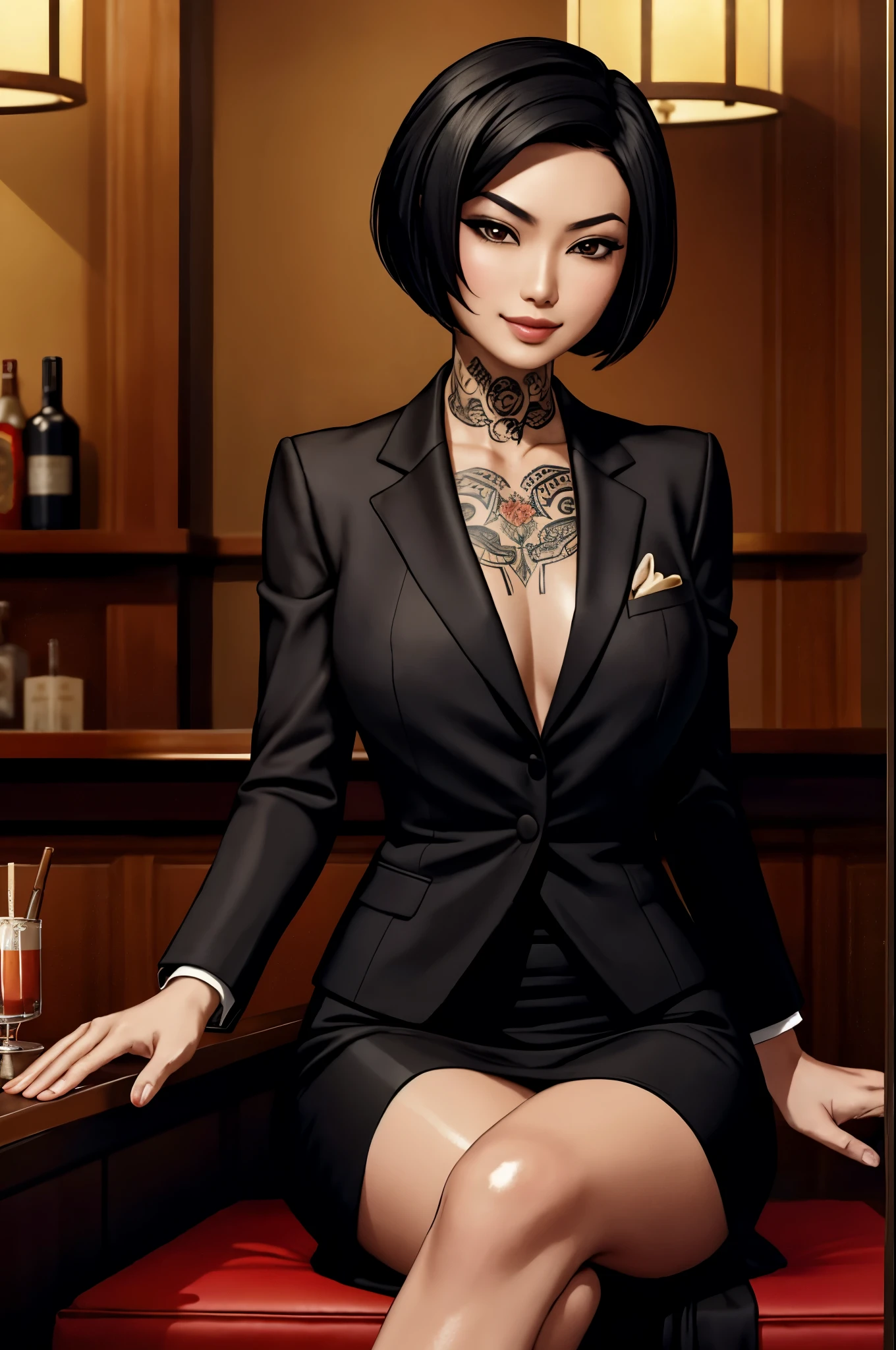 1 asian woman, spy, elegantly dressed, smirk, short black hair, holding a cigar, y2k animation, hq, intricate detail, high quality, smooth, (masterpiece, best quality), tattoos, sitting at bar,