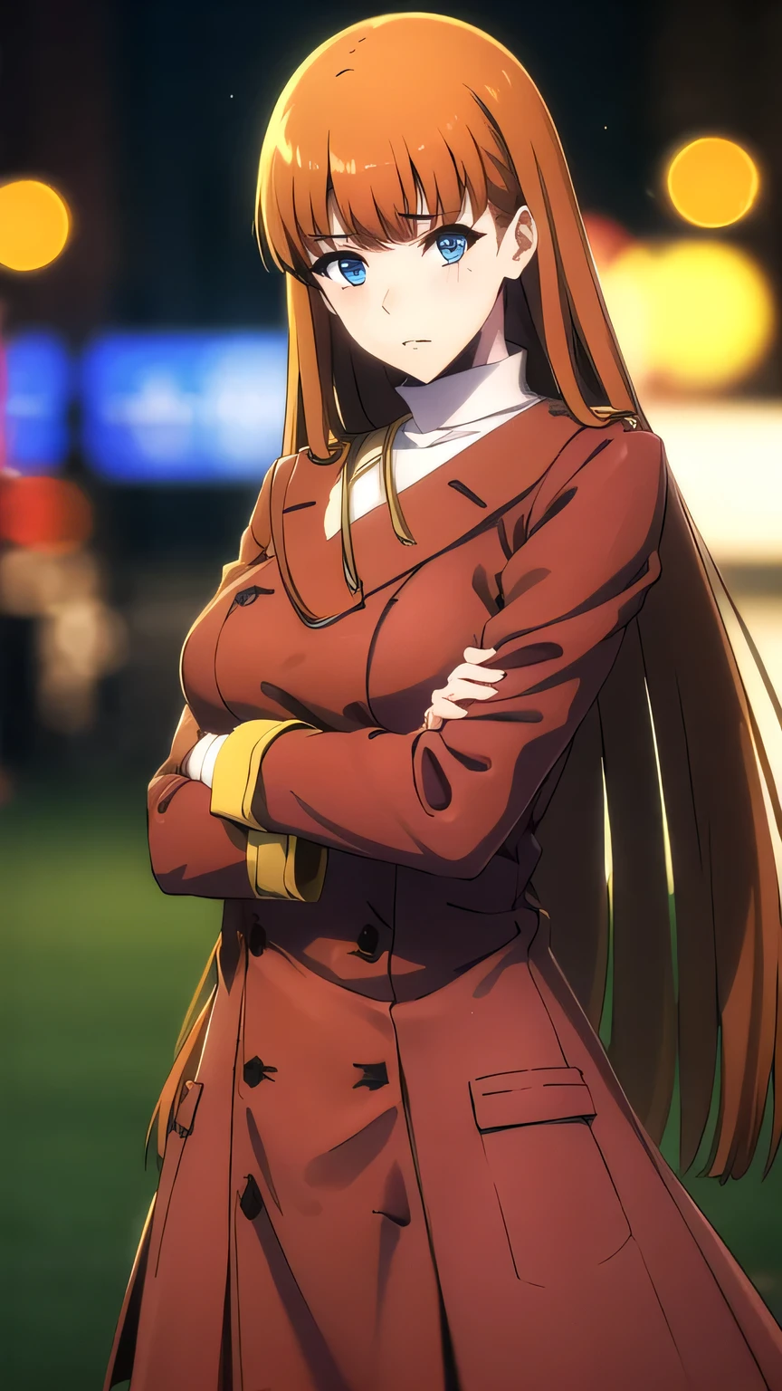 photorealistic, (4k), depth of field, (Masterpiece), (realistic skin texture), extremely detailed, intricate, hyper detailed, professional photography, bokeh, high resolution, sharp detail, best quality, girl, long hair, orange hair, bangs, blue eyes, long coat, red coat, crossed arms, dynamic pose, 